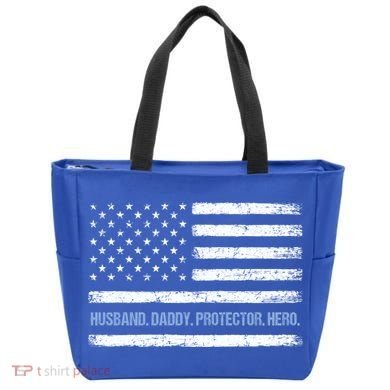 Husband Daddy Protector Hero Fathers Day American Flag Dad Cool Gift Tote Bag