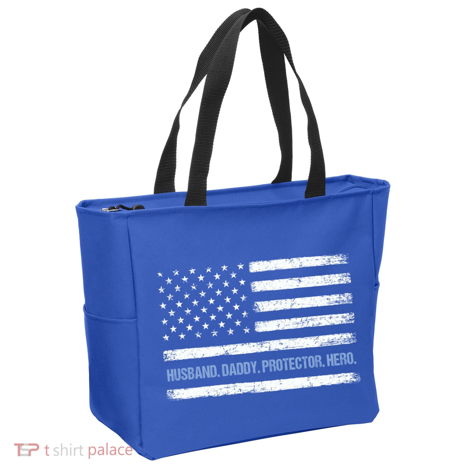 Husband Daddy Protector Hero Fathers Day American Flag Dad Cool Gift Tote Bag