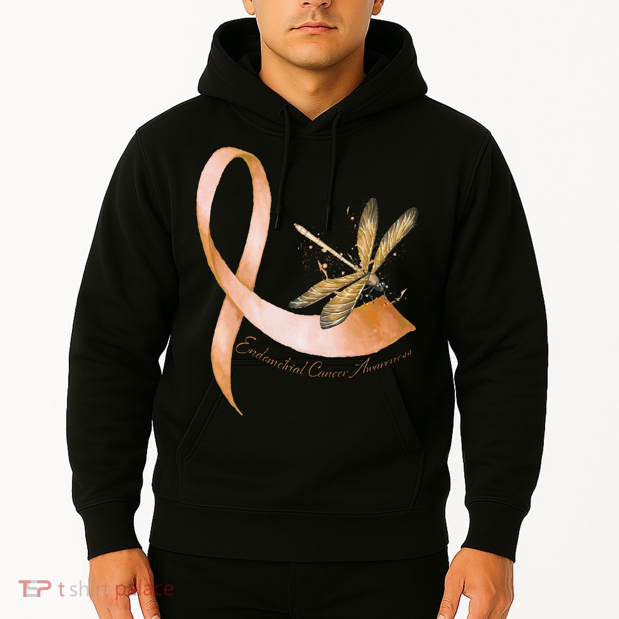 Hippie Dragonfly Peach Ribbon Endometrial Cancer Awareness Hoodie