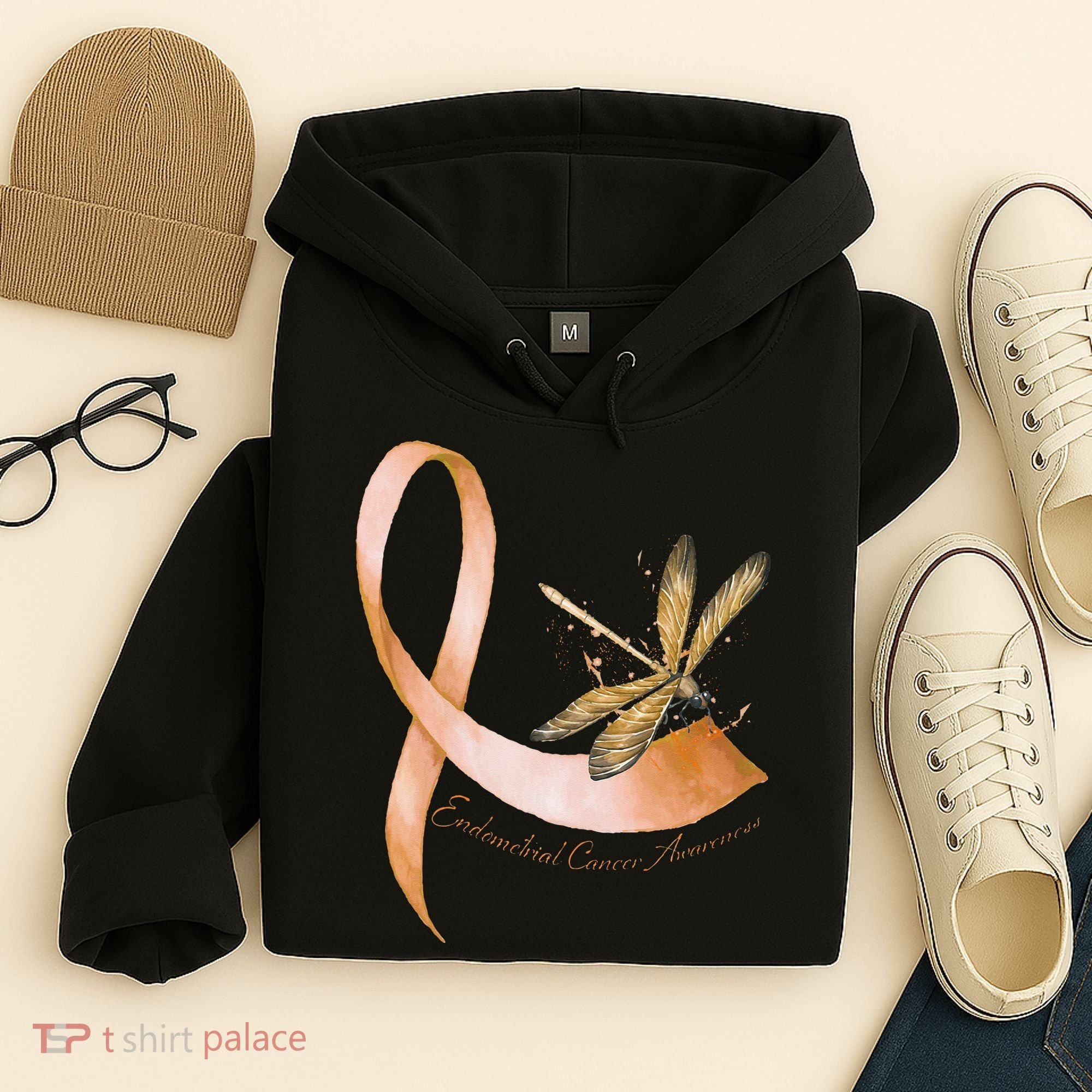 Hippie Dragonfly Peach Ribbon Endometrial Cancer Awareness Hoodie