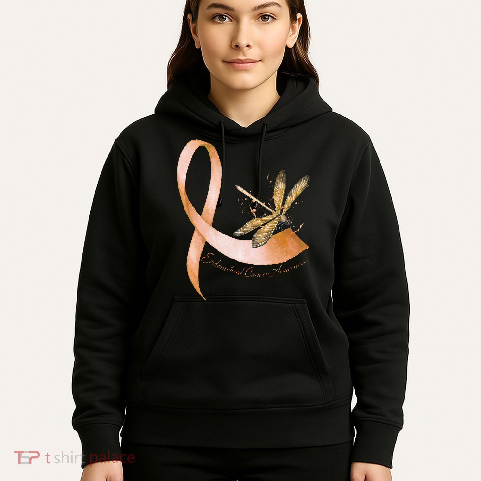 Hippie Dragonfly Peach Ribbon Endometrial Cancer Awareness Hoodie