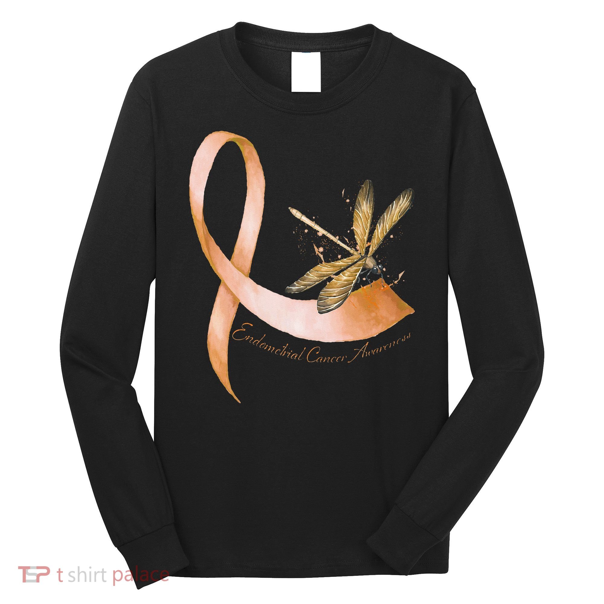 Hippie Dragonfly Peach Ribbon Endometrial Cancer Awareness Long Sleeve Shirt
