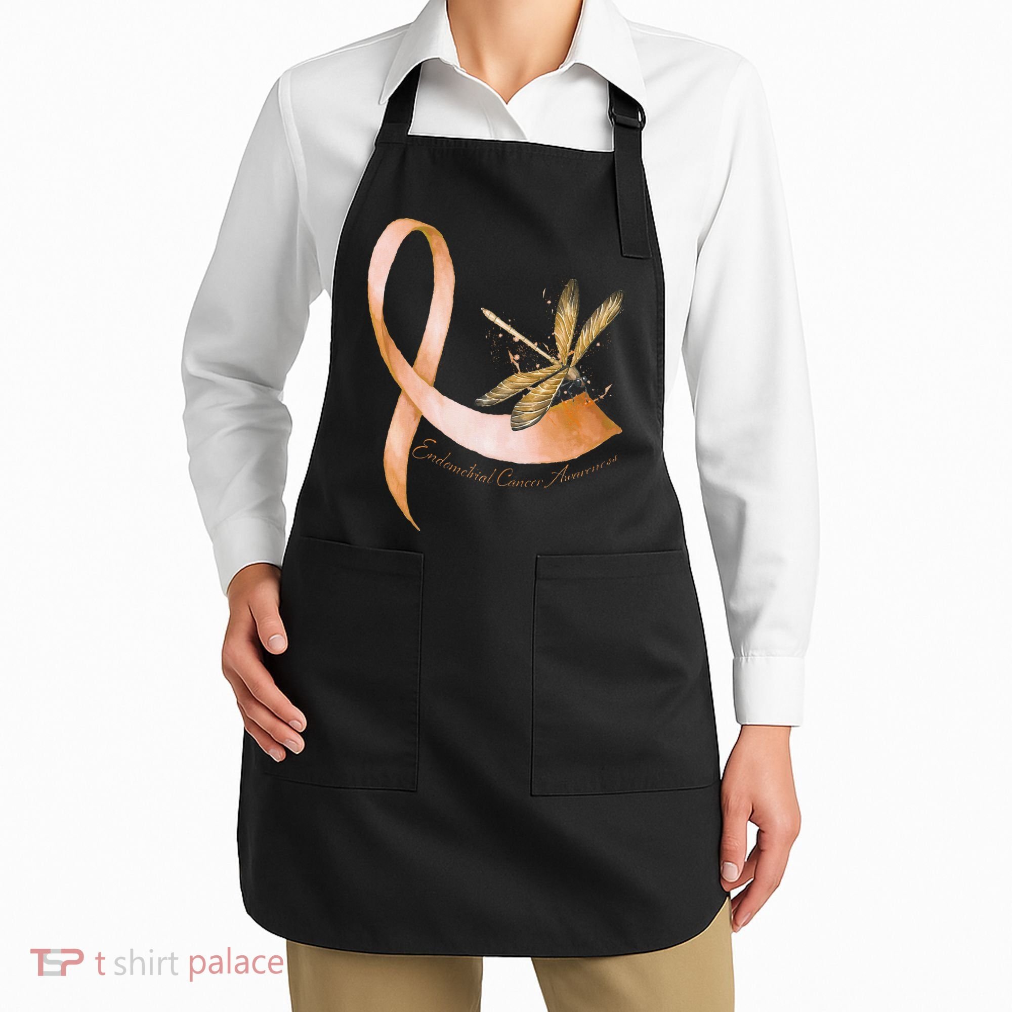 Hippie Dragonfly Peach Ribbon Endometrial Cancer Awareness Apron