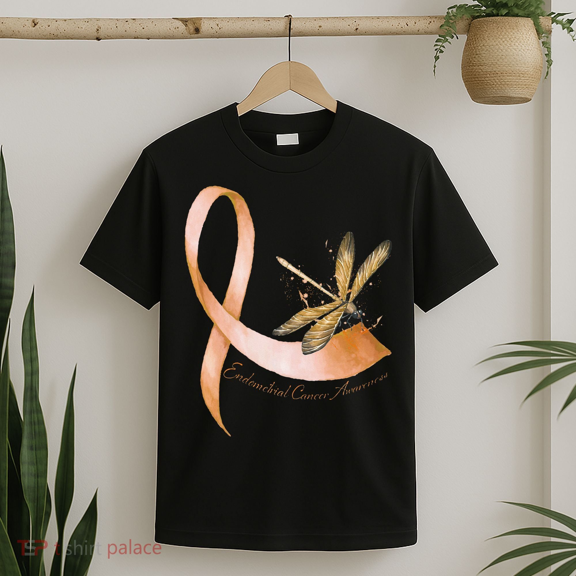 Hippie Dragonfly Peach Ribbon Endometrial Cancer Awareness T-Shirt
