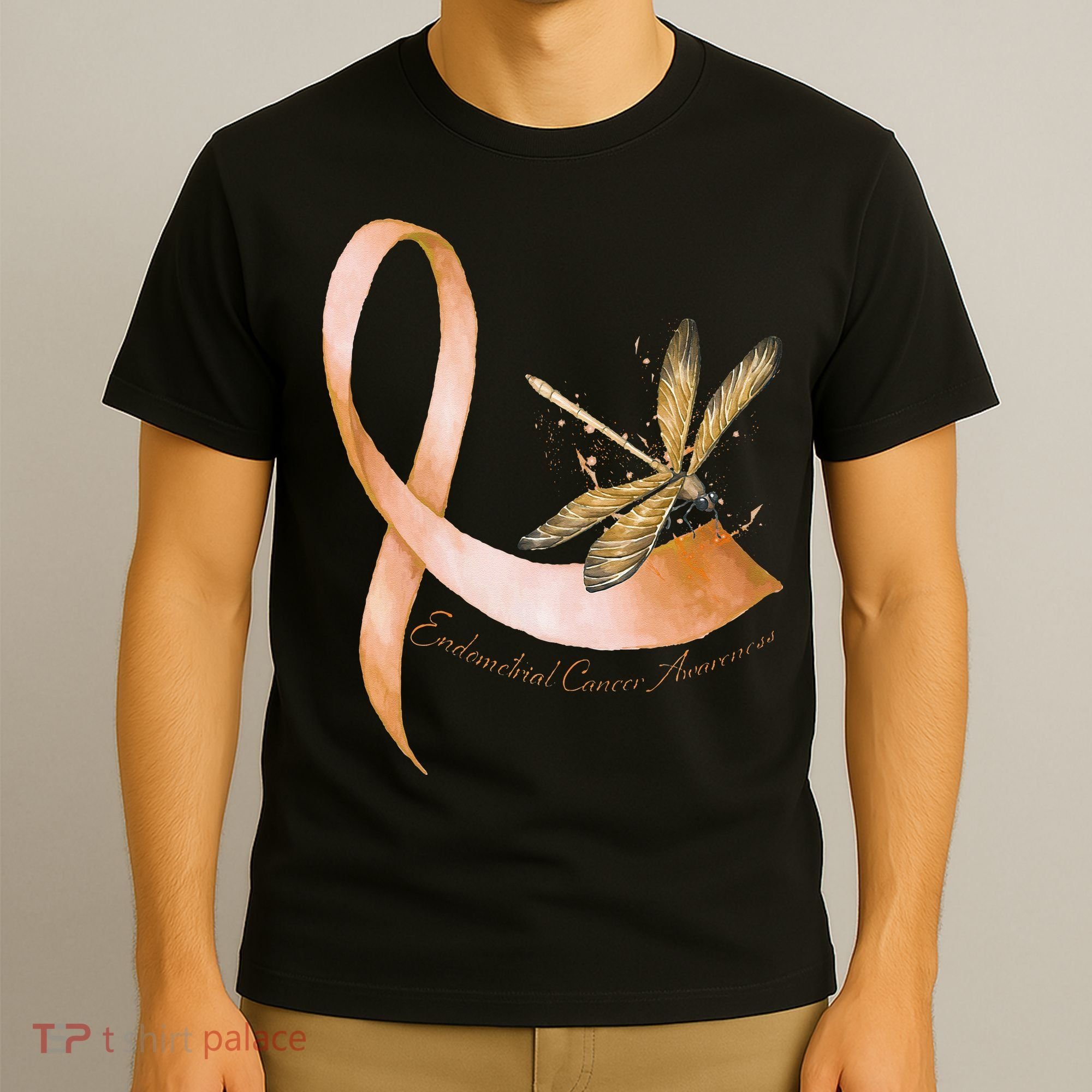 Hippie Dragonfly Peach Ribbon Endometrial Cancer Awareness T-Shirt