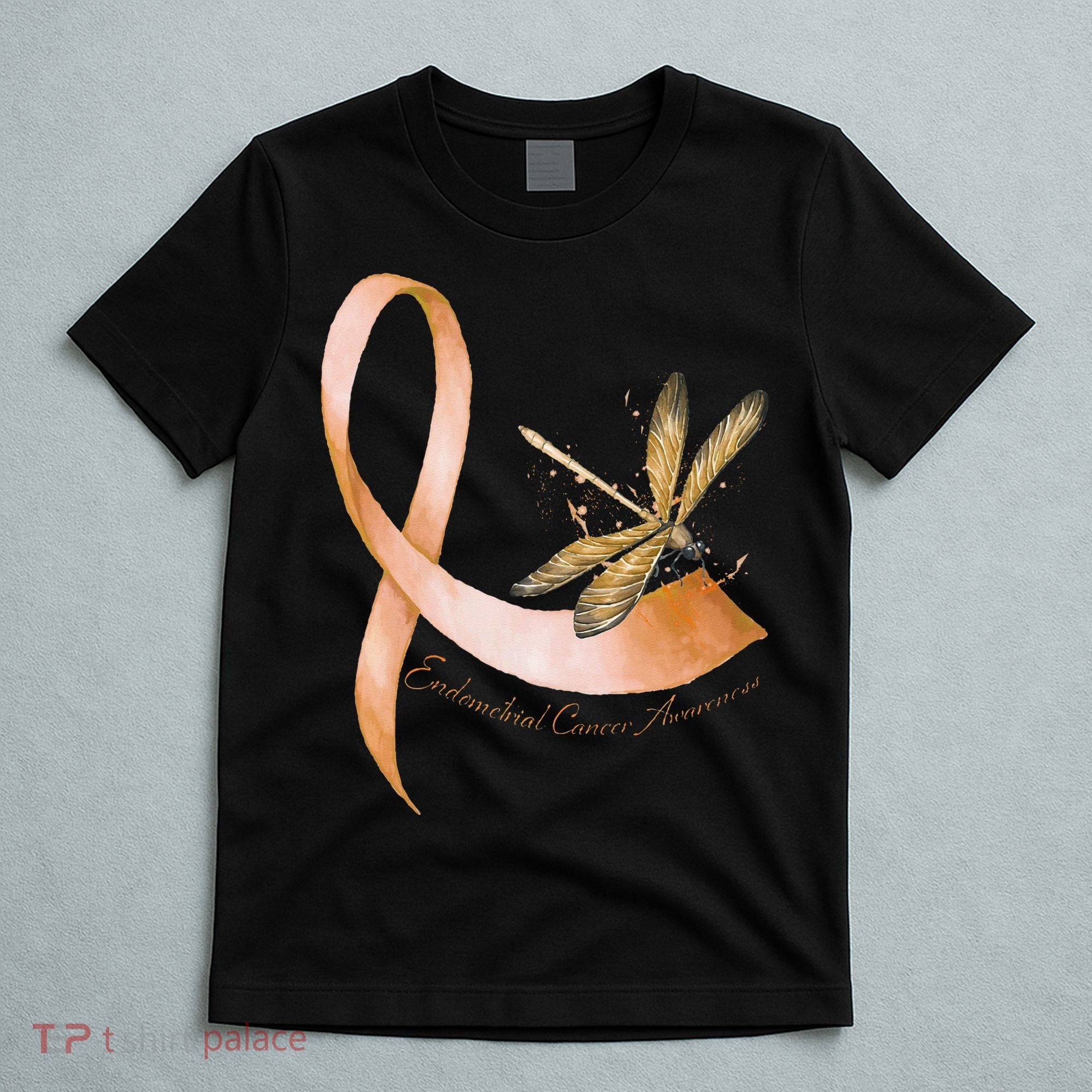 Hippie Dragonfly Peach Ribbon Endometrial Cancer Awareness T-Shirt