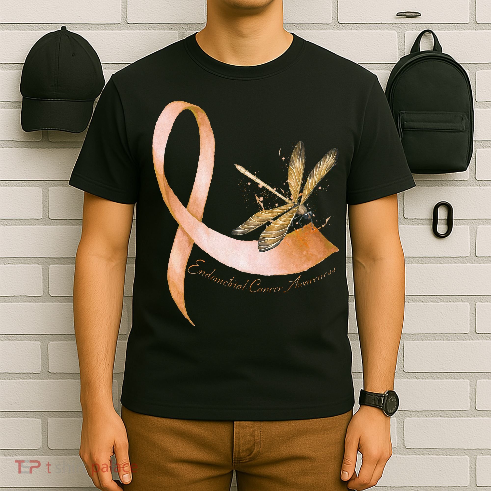 Hippie Dragonfly Peach Ribbon Endometrial Cancer Awareness T-Shirt