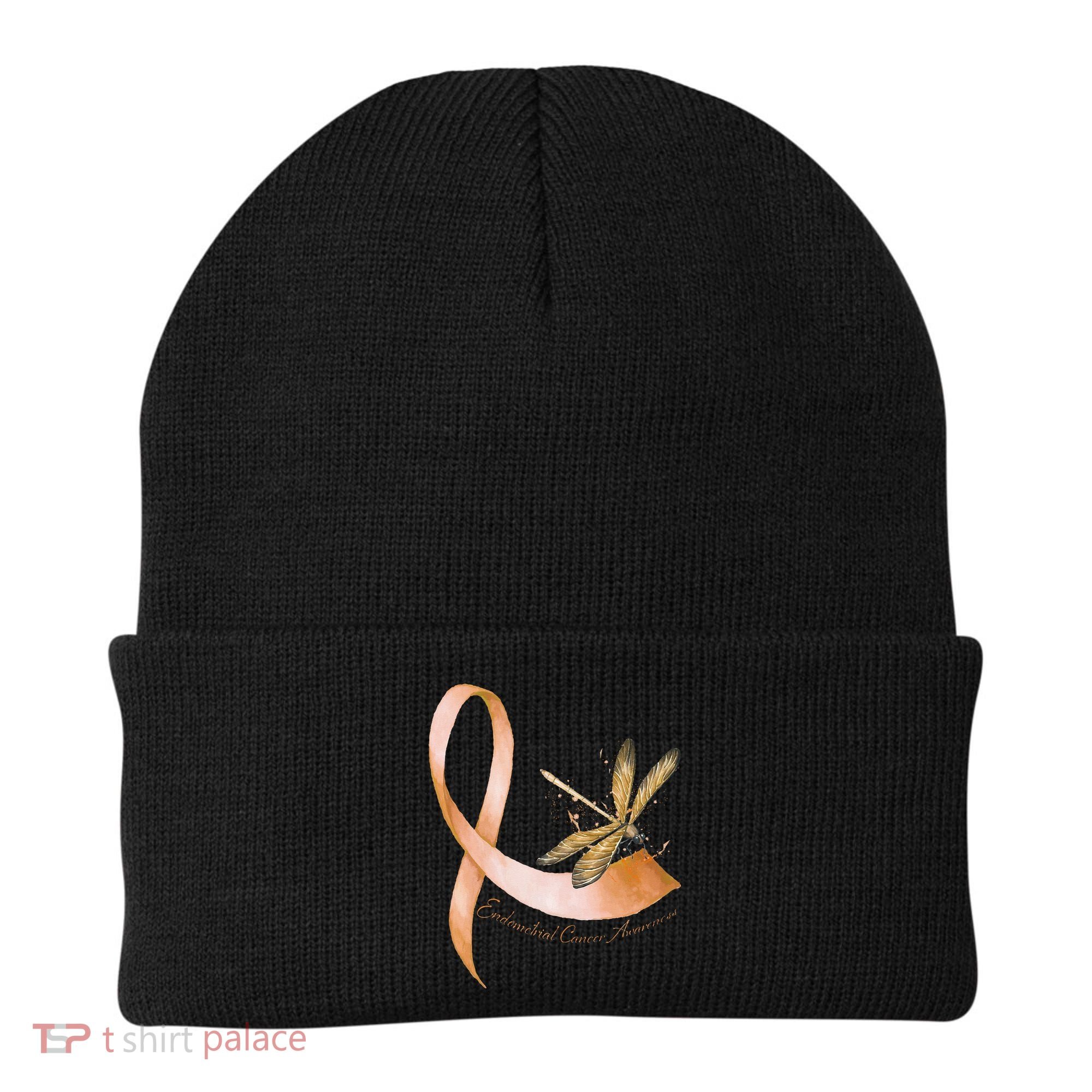 Hippie Dragonfly Peach Ribbon Endometrial Cancer Awareness Beanie