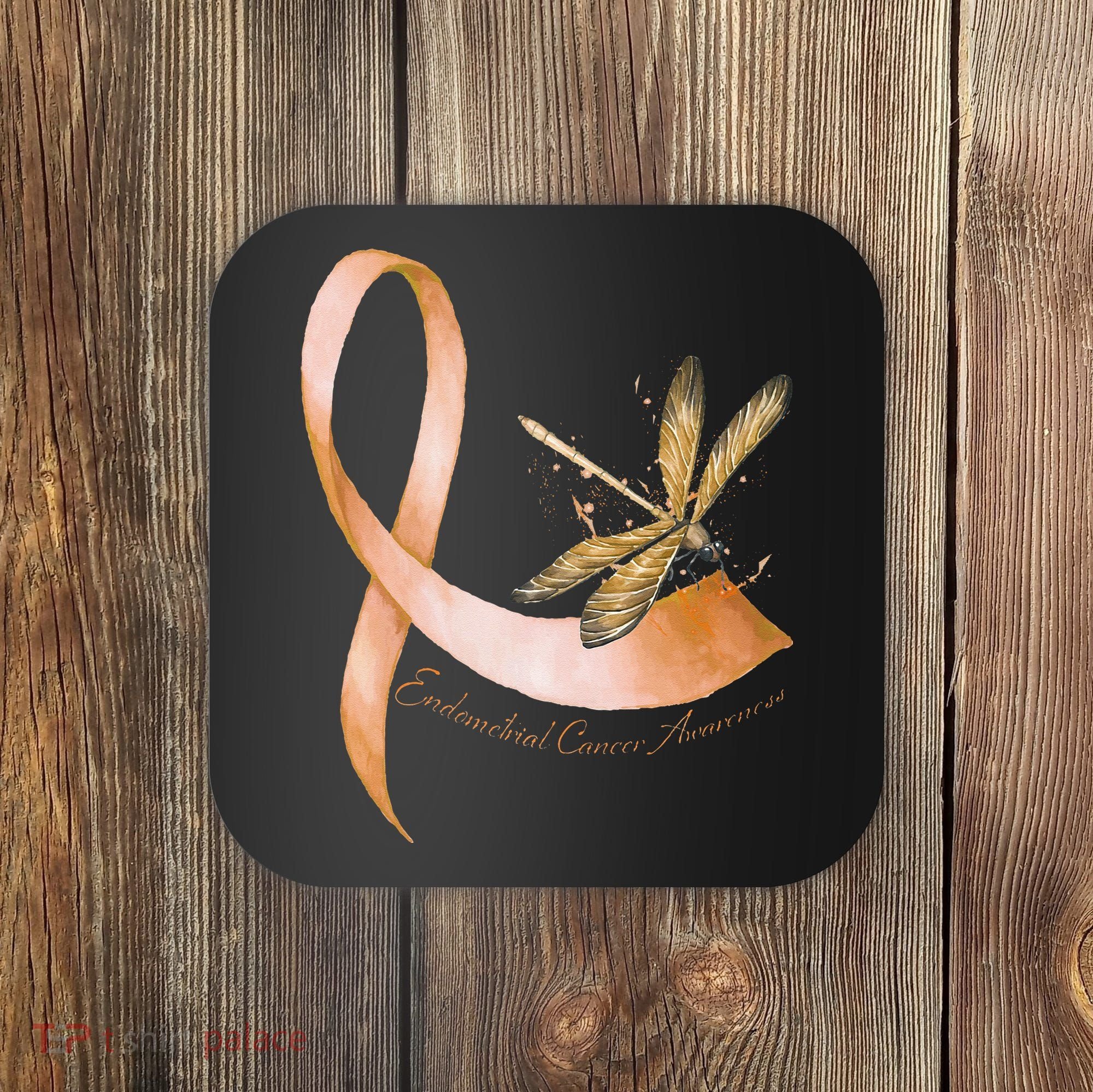 Hippie Dragonfly Peach Ribbon Endometrial Cancer Awareness Coaster