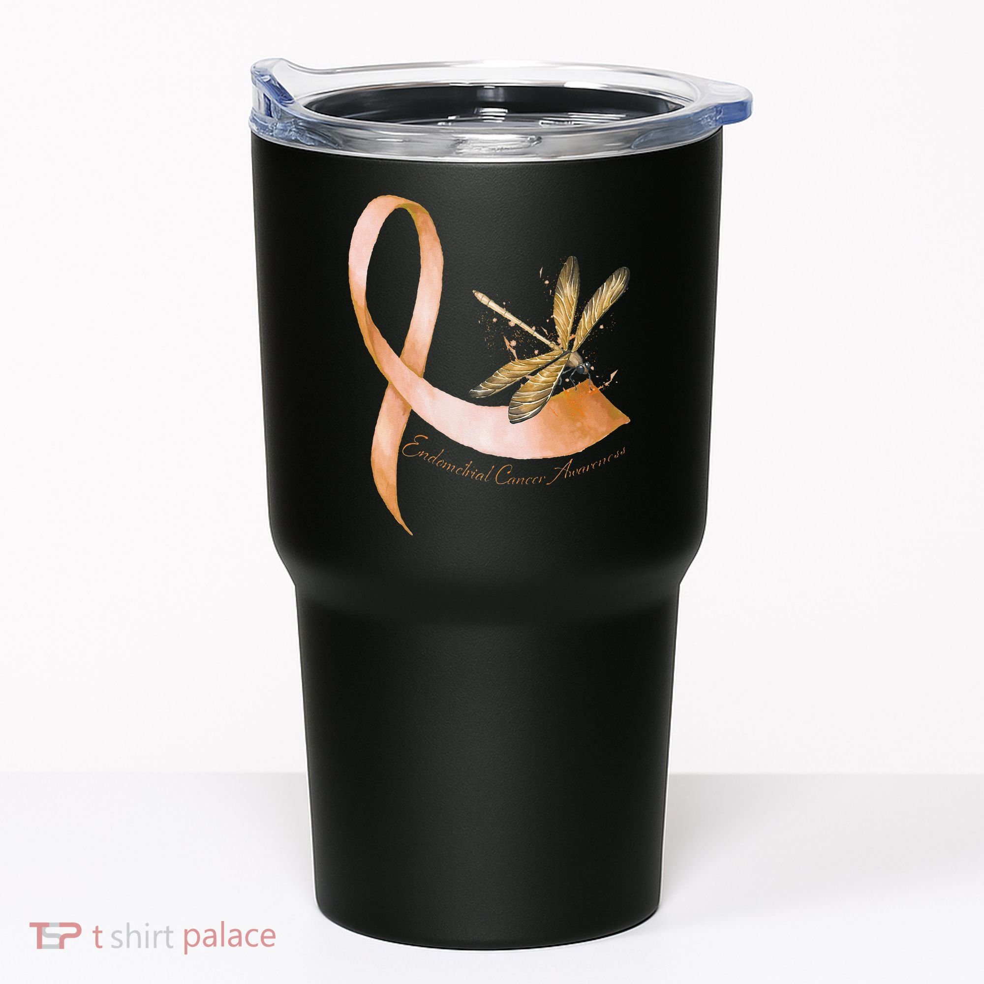 Hippie Dragonfly Peach Ribbon Endometrial Cancer Awareness Tumbler