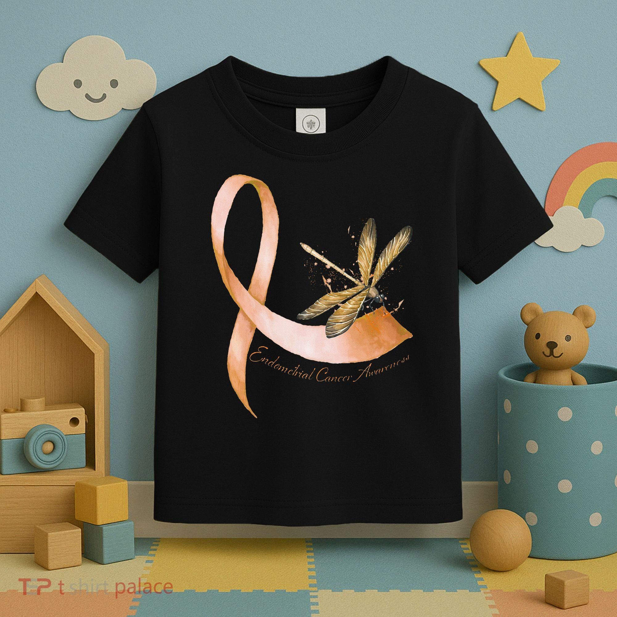 Hippie Dragonfly Peach Ribbon Endometrial Cancer Awareness Toddler T-Shirt