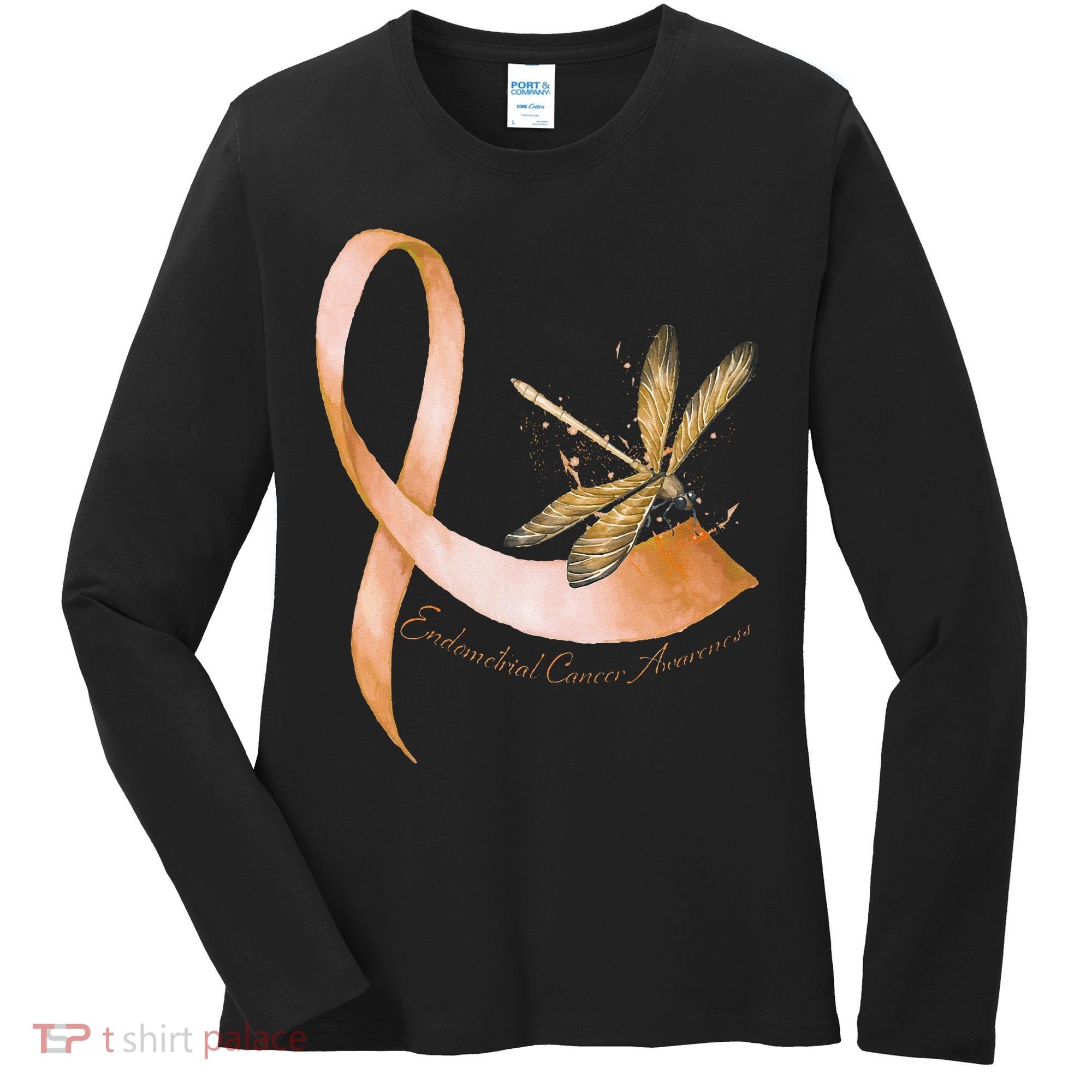 Hippie Dragonfly Peach Ribbon Endometrial Cancer Awareness Women's Long Sleeve Shirt