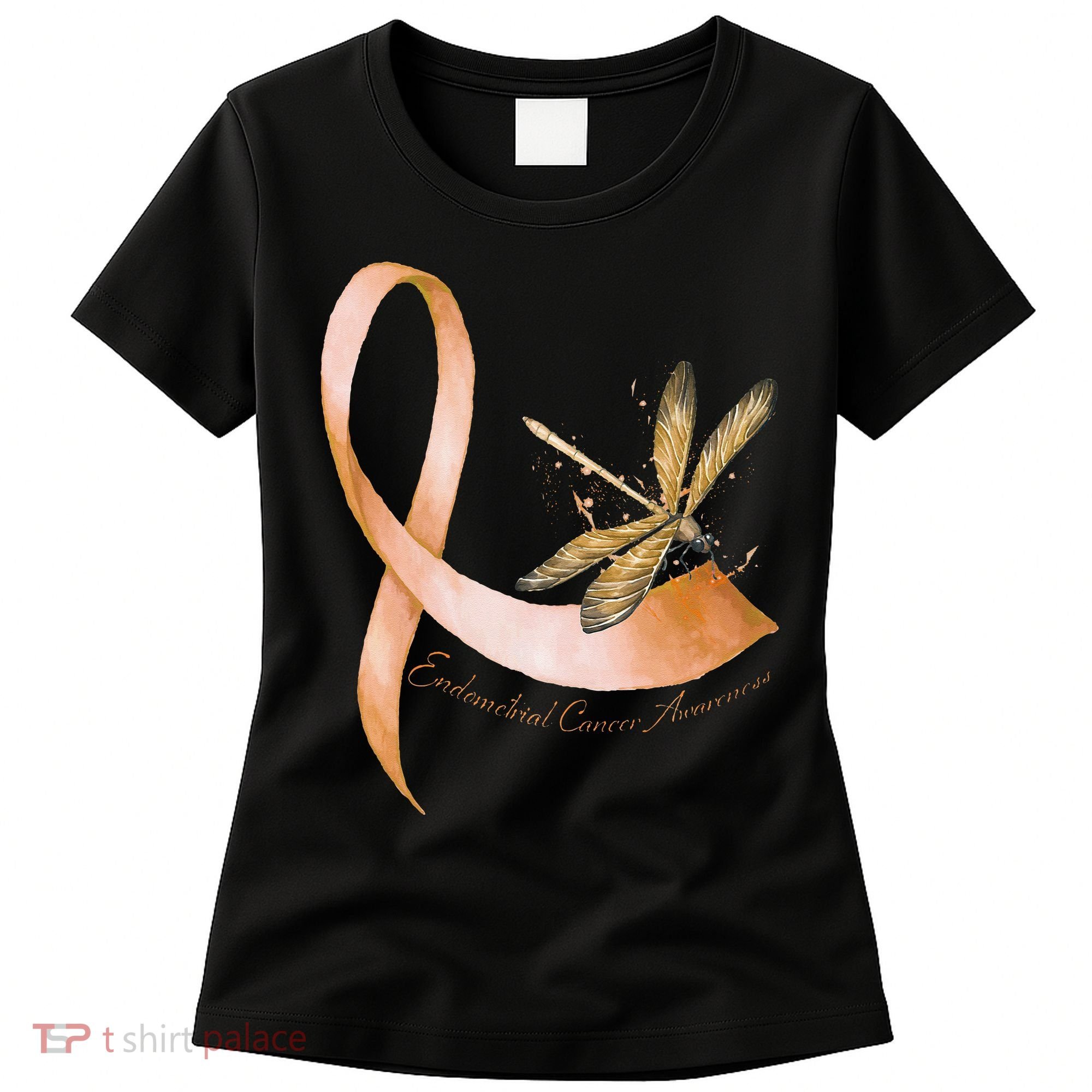 Hippie Dragonfly Peach Ribbon Endometrial Cancer Awareness Women's T-Shirt