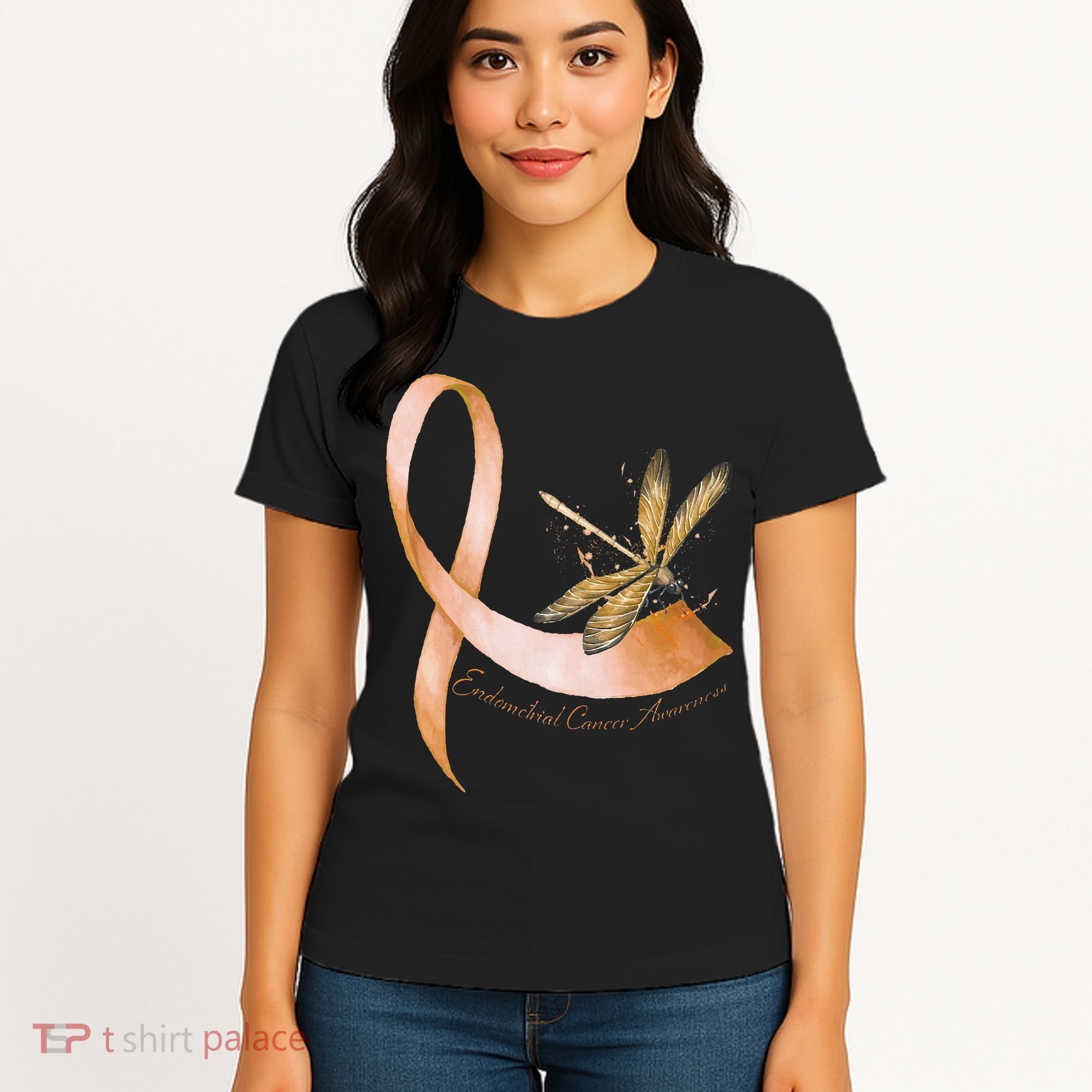 Hippie Dragonfly Peach Ribbon Endometrial Cancer Awareness Women's T-Shirt