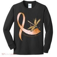 Hippie Dragonfly Peach Ribbon Endometrial Cancer Awareness Kids Long Sleeve Shirt thumb 0