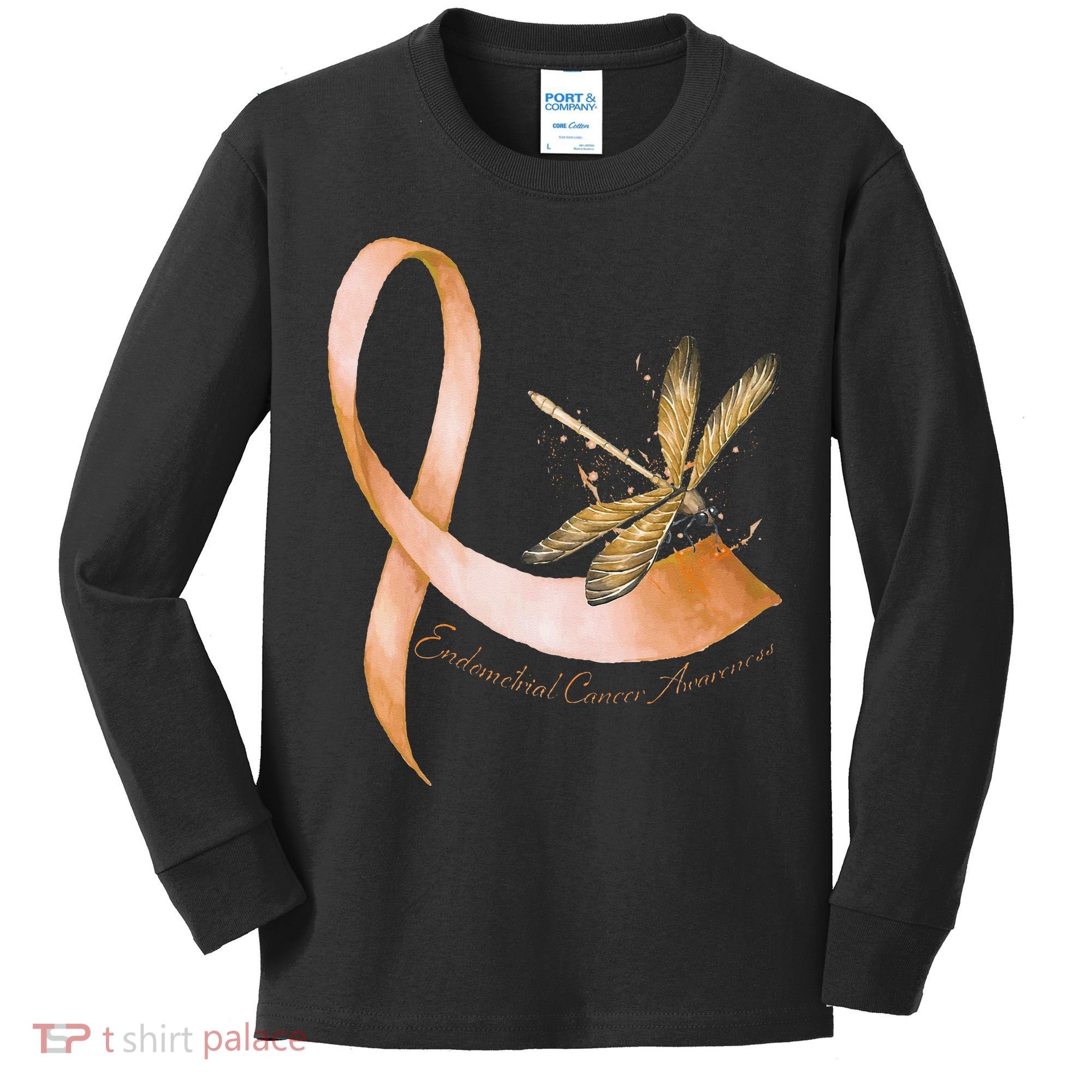 Hippie Dragonfly Peach Ribbon Endometrial Cancer Awareness Kids Long Sleeve Shirt