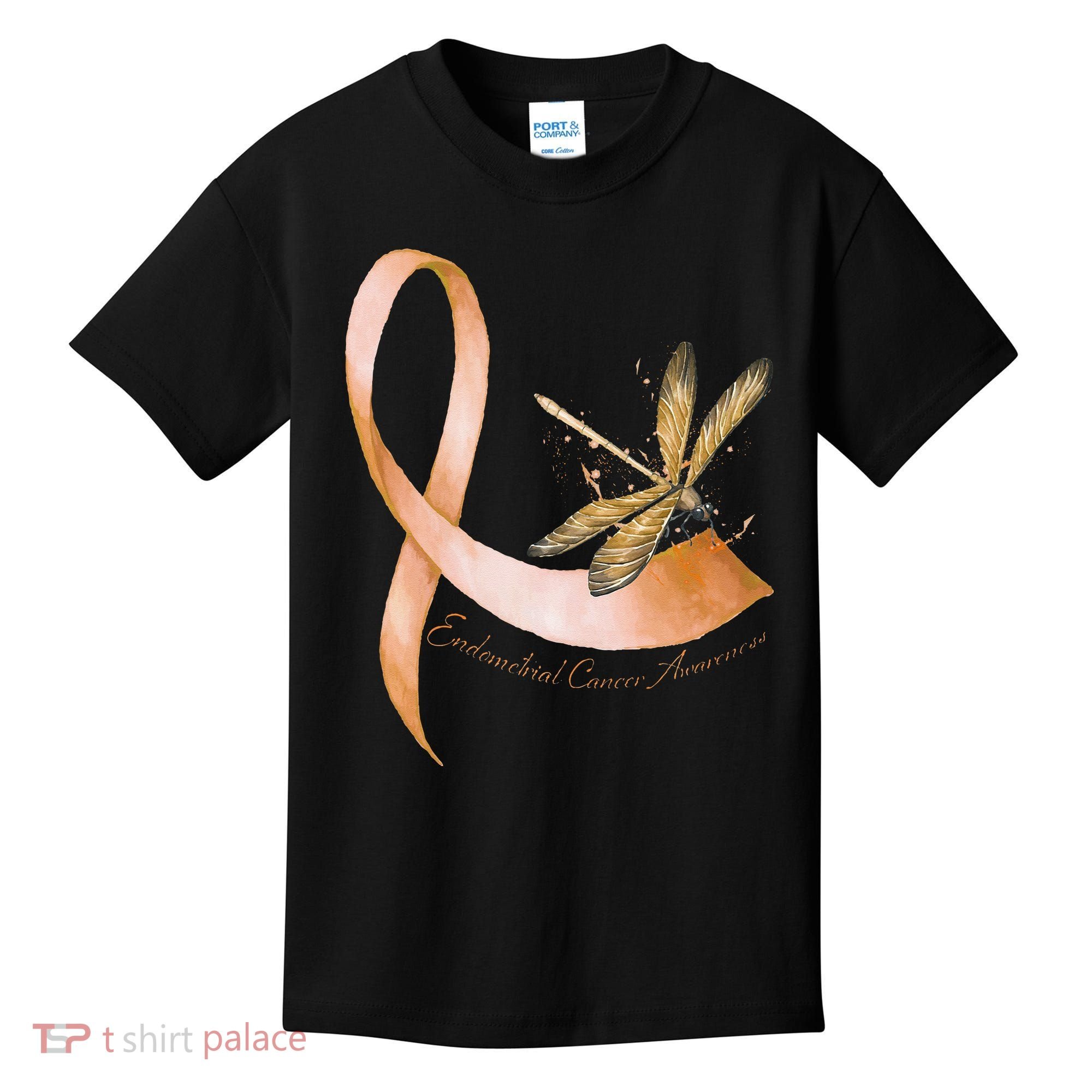 Hippie Dragonfly Peach Ribbon Endometrial Cancer Awareness Kids T-Shirt