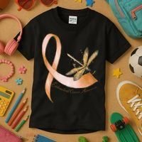 Hippie Dragonfly Peach Ribbon Endometrial Cancer Awareness Kids T-Shirt thumb 3