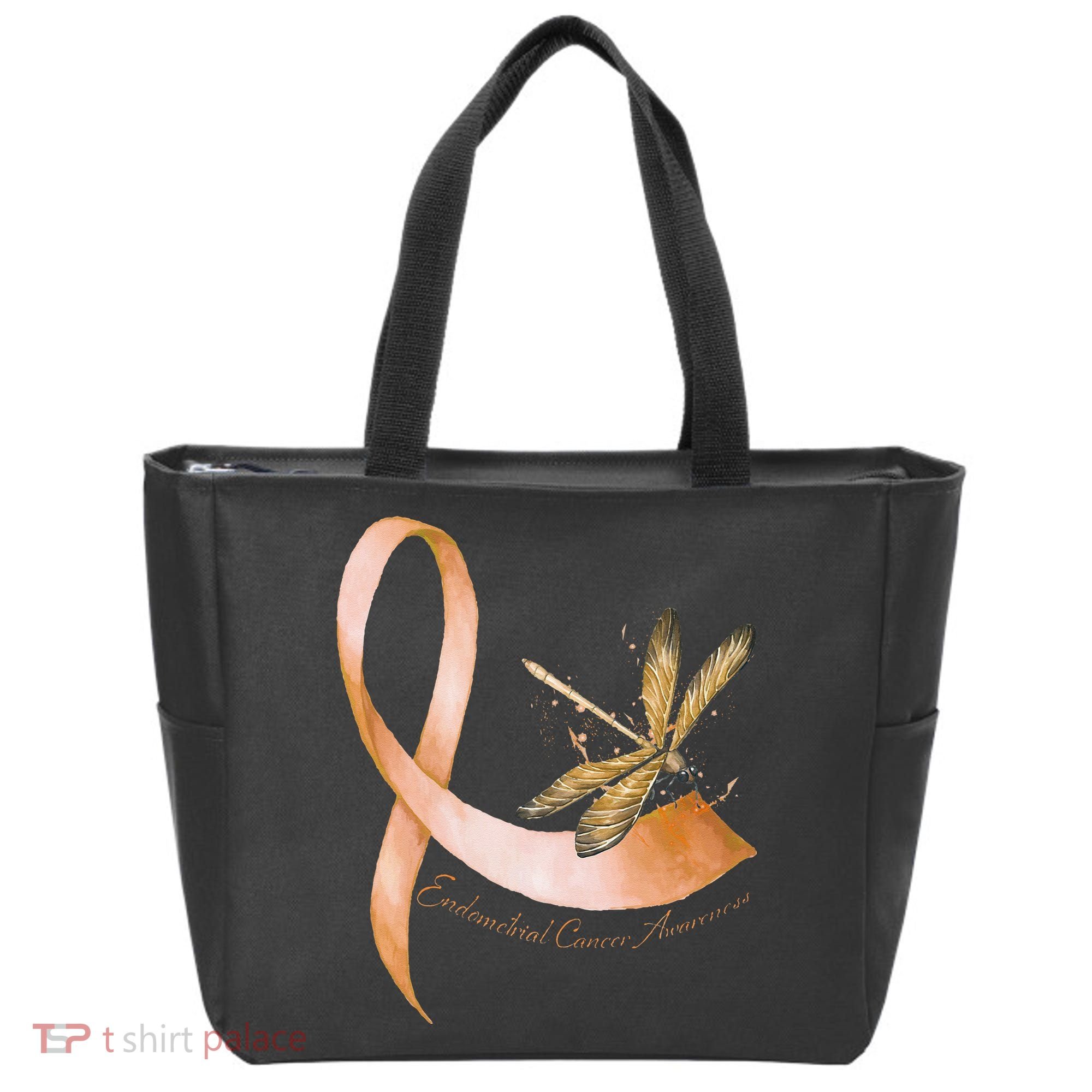 Hippie Dragonfly Peach Ribbon Endometrial Cancer Awareness Tote Bag