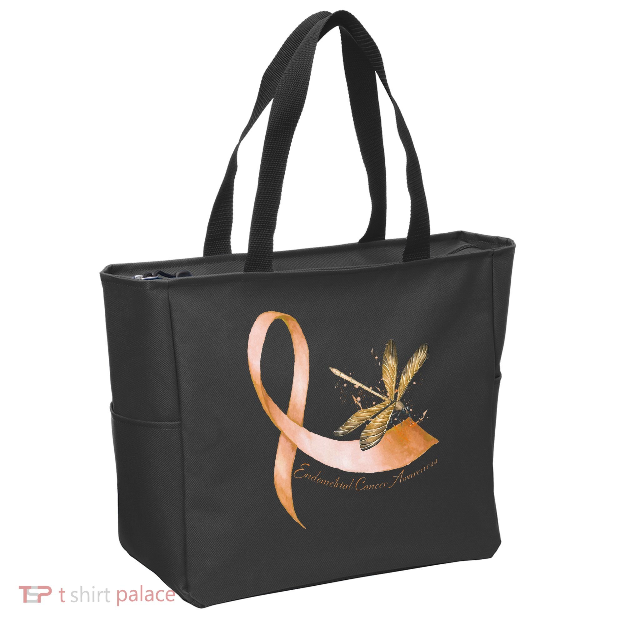 Hippie Dragonfly Peach Ribbon Endometrial Cancer Awareness Tote Bag