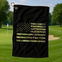 Husband Daddy Protector Hero Camouflage Usa Flag Golf Towel thumb 1