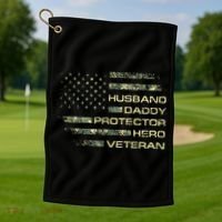 Husband Daddy Protector Hero Veteran Usa Flag Camouflage Dad Golf Towel thumb 1