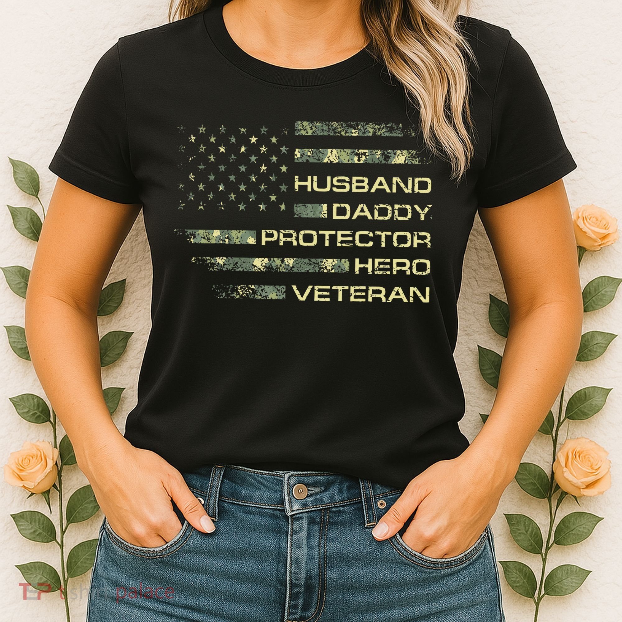 Husband Daddy Protector Hero Veteran Usa Flag Camouflage Dad Women's T-Shirt