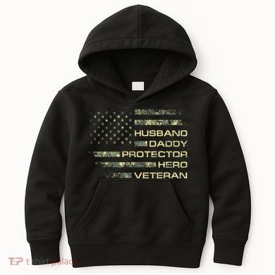 Husband Daddy Protector Hero Veteran Usa Flag Camouflage Dad Kids Hoodie