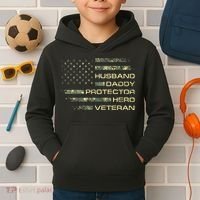 Husband Daddy Protector Hero Veteran Usa Flag Camouflage Dad Kids Hoodie thumb 2