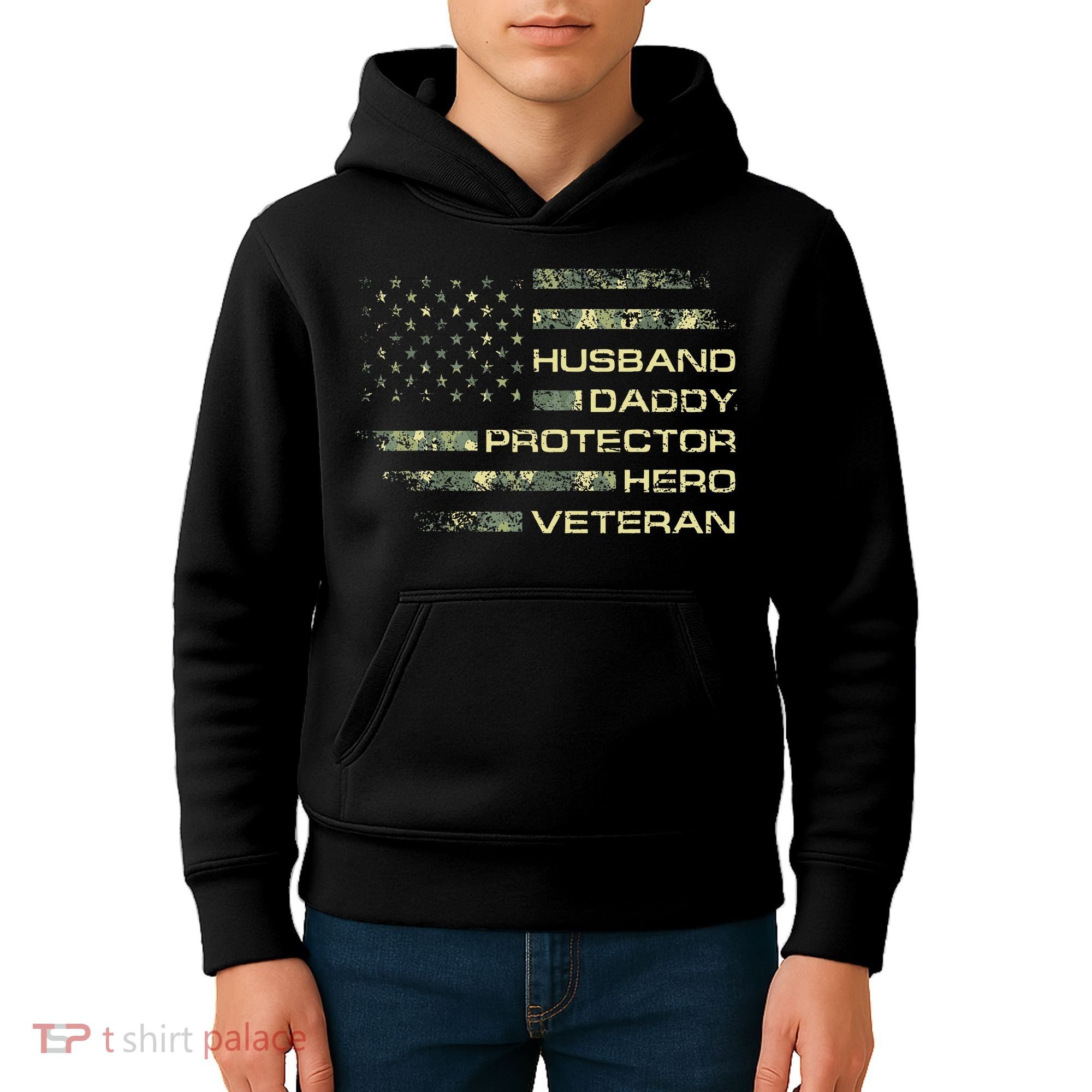 Husband Daddy Protector Hero Veteran Usa Flag Camouflage Dad Kids Hoodie
