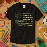 Husband Daddy Protector Hero Veteran Usa Flag Camouflage Dad Kids T-Shirt thumb 3