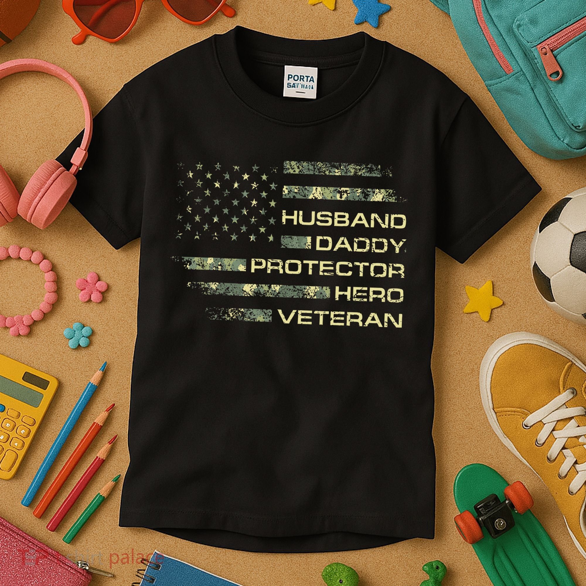 Husband Daddy Protector Hero Veteran Usa Flag Camouflage Dad Kids T-Shirt