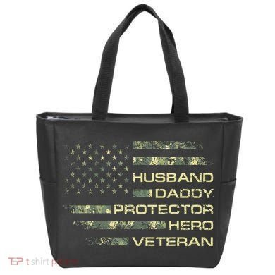 Husband Daddy Protector Hero Veteran Usa Flag Camouflage Dad Tote Bag
