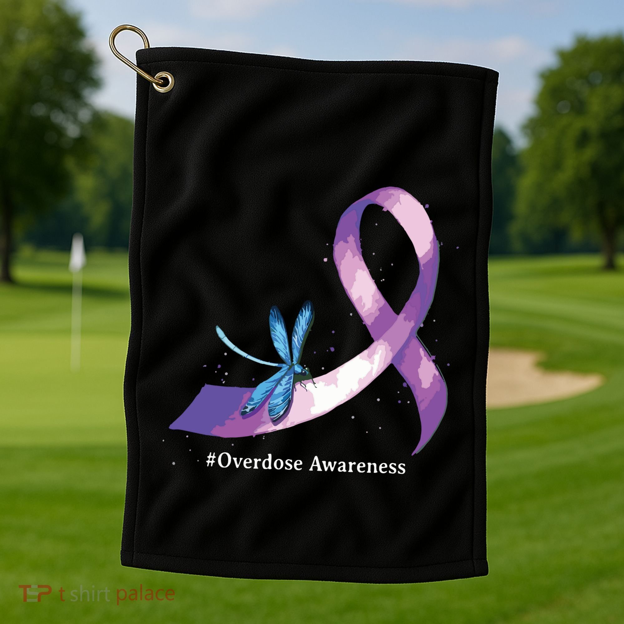 Hippie Dragonfly Purple Ribbon Overdose Awareness Golf Towel