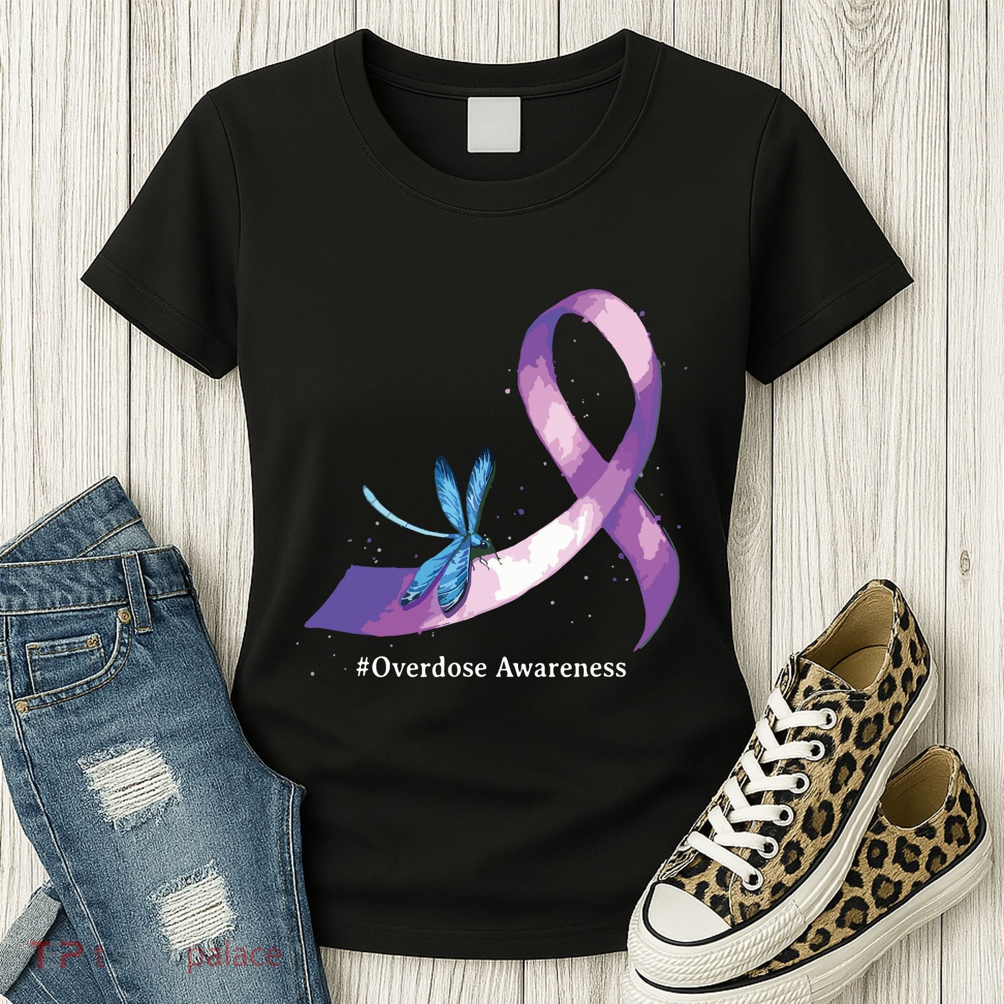 Hippie Dragonfly Purple Ribbon Overdose Awareness Women's T-Shirt