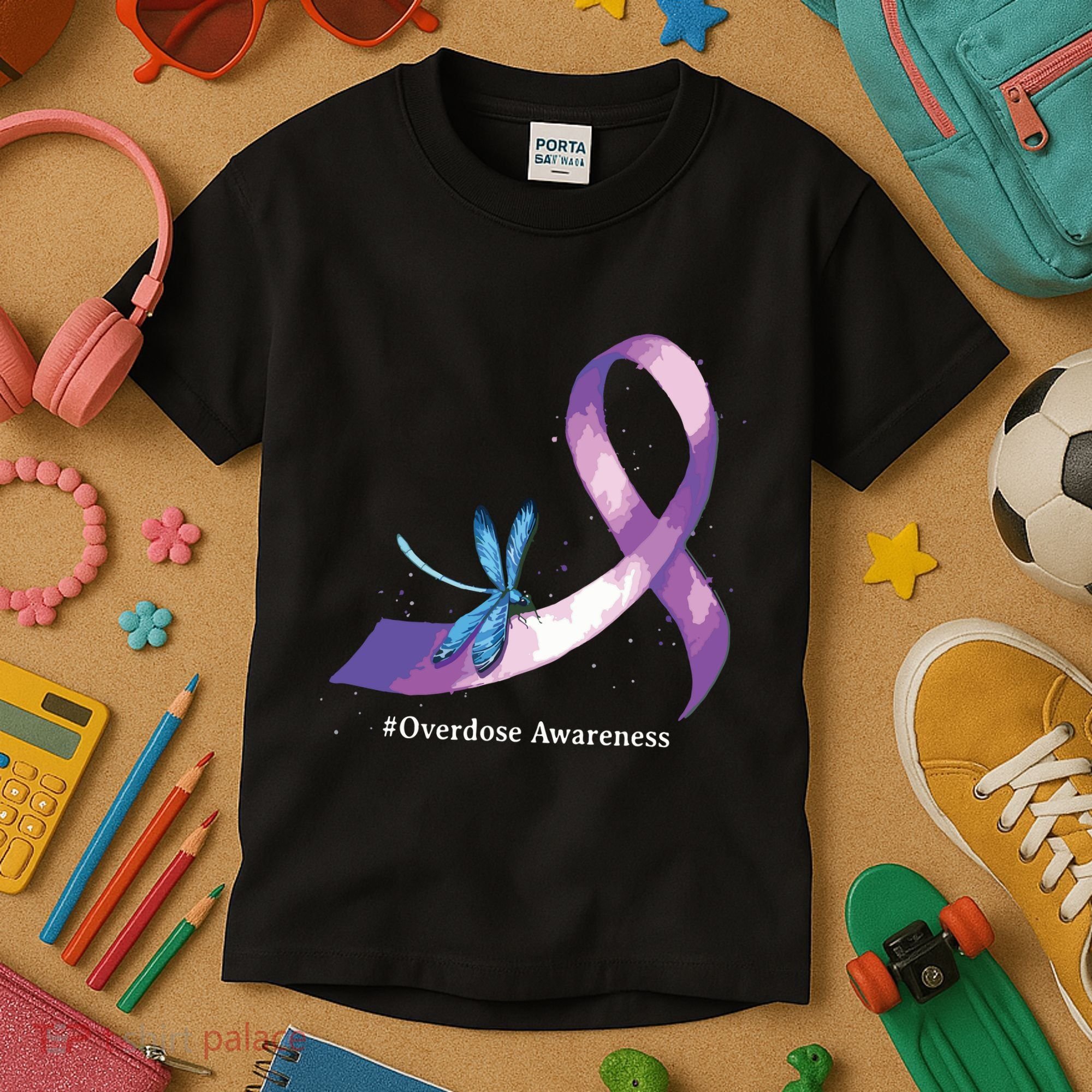 Hippie Dragonfly Purple Ribbon Overdose Awareness Kids T-Shirt