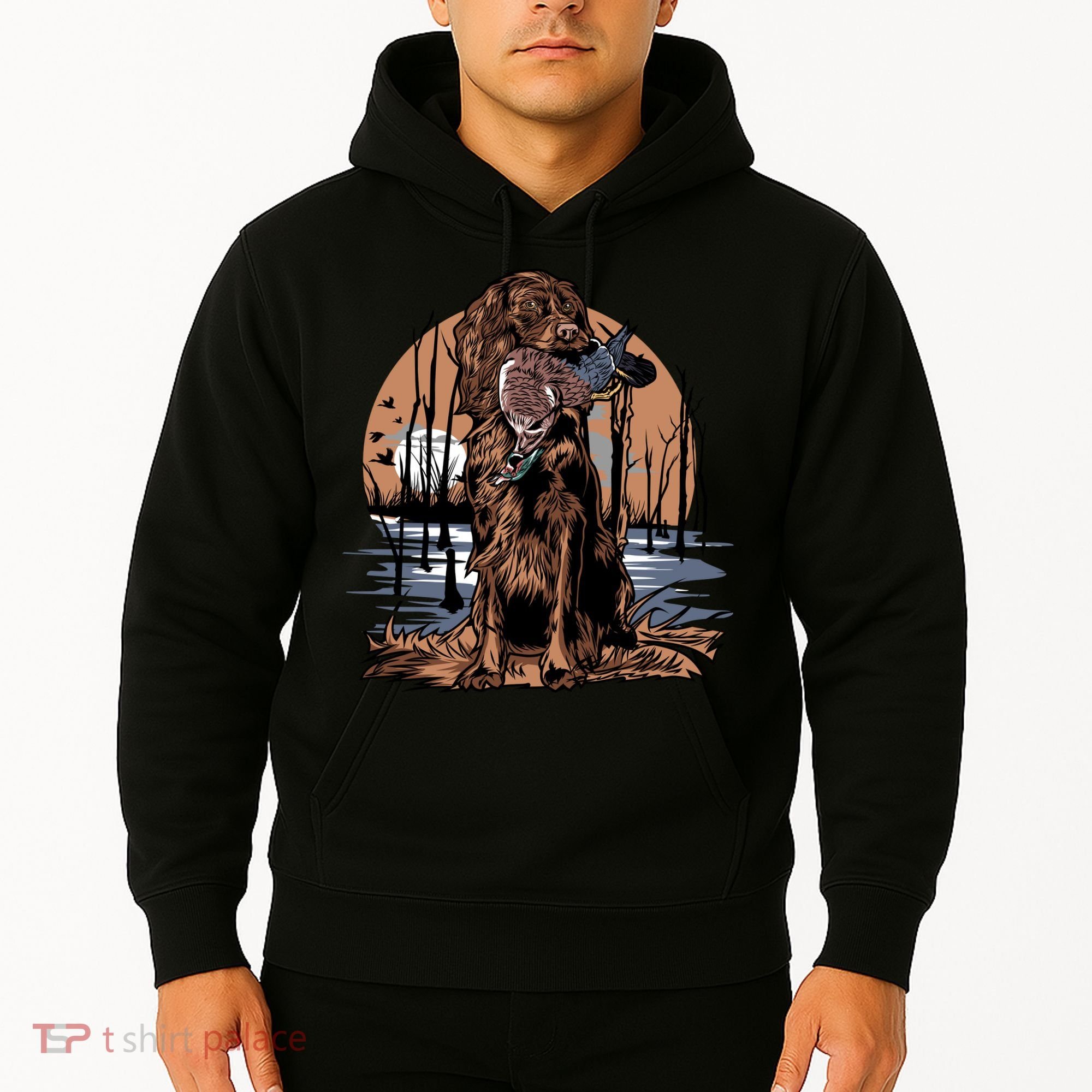 Hunting Dog Retrieving Duck Swamp Scene Hoodie