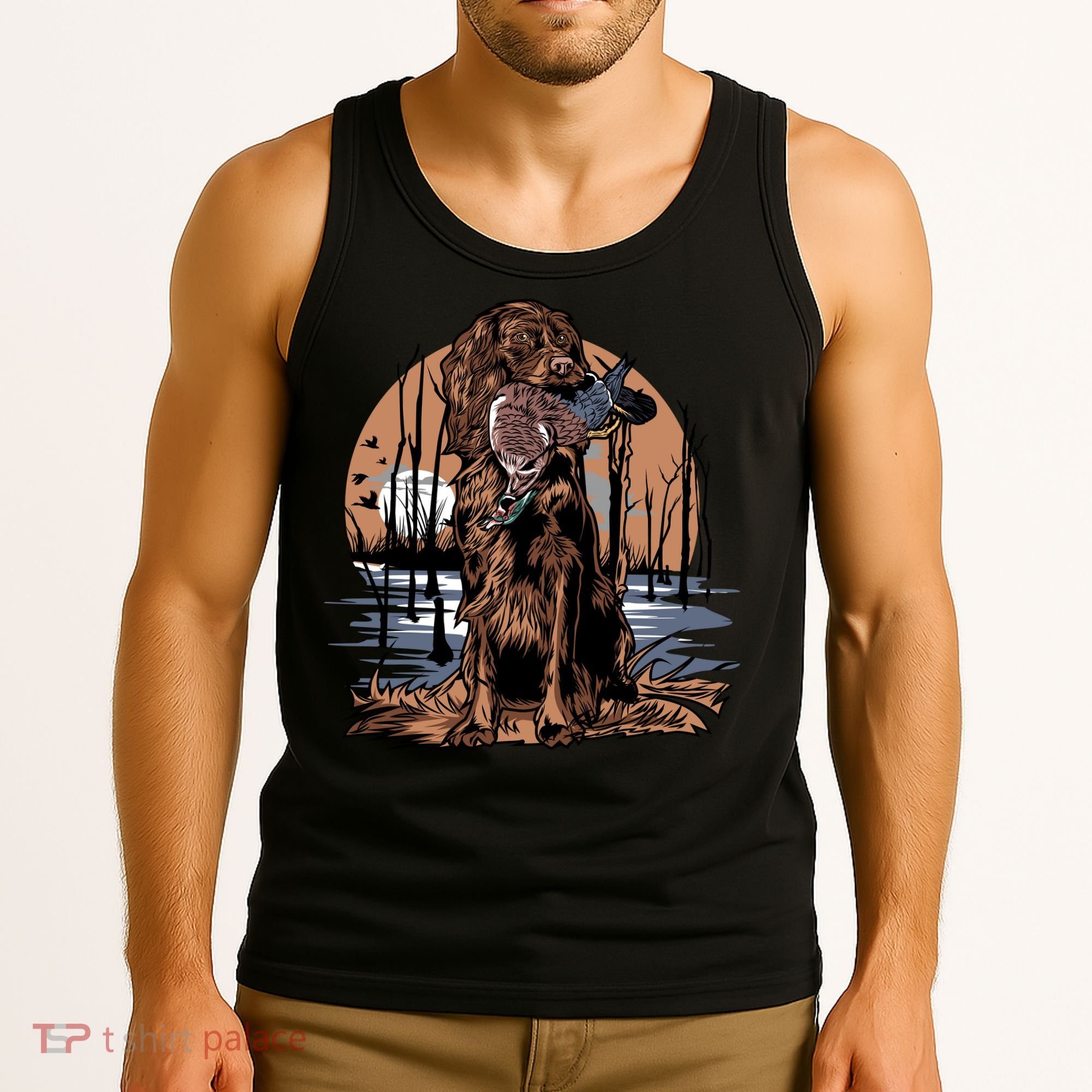 Hunting Dog Retrieving Duck Swamp Scene Tank Top