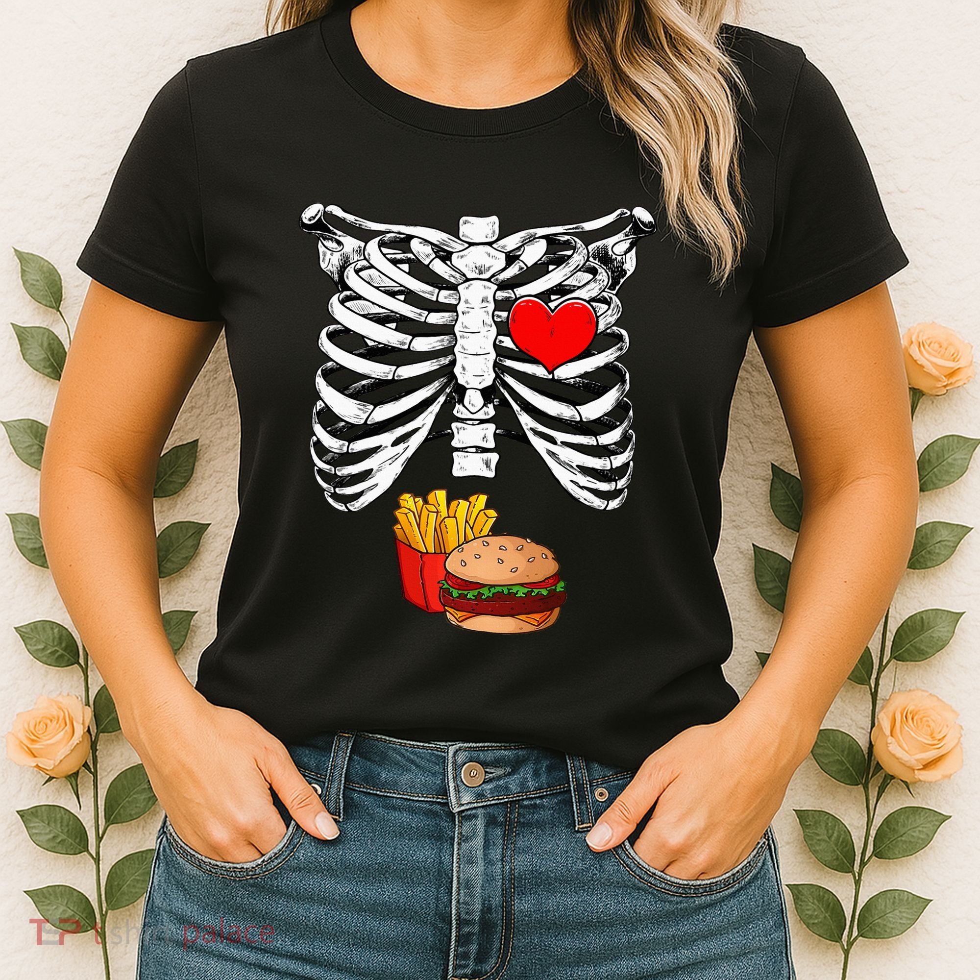 Halloween Dad Skeleton Pregnancy Hamburger Fries Xray Funny Women's T-Shirt
