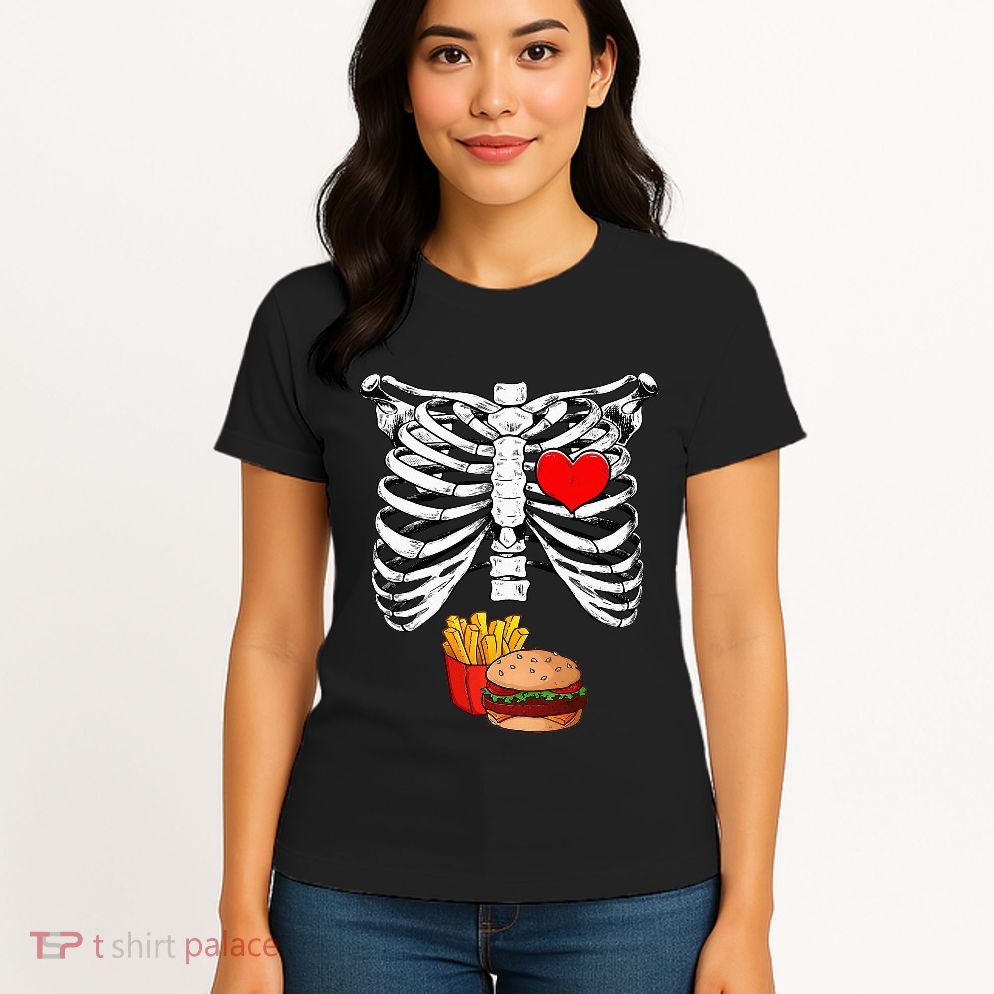 Halloween Dad Skeleton Pregnancy Hamburger Fries Xray Funny Women's T-Shirt