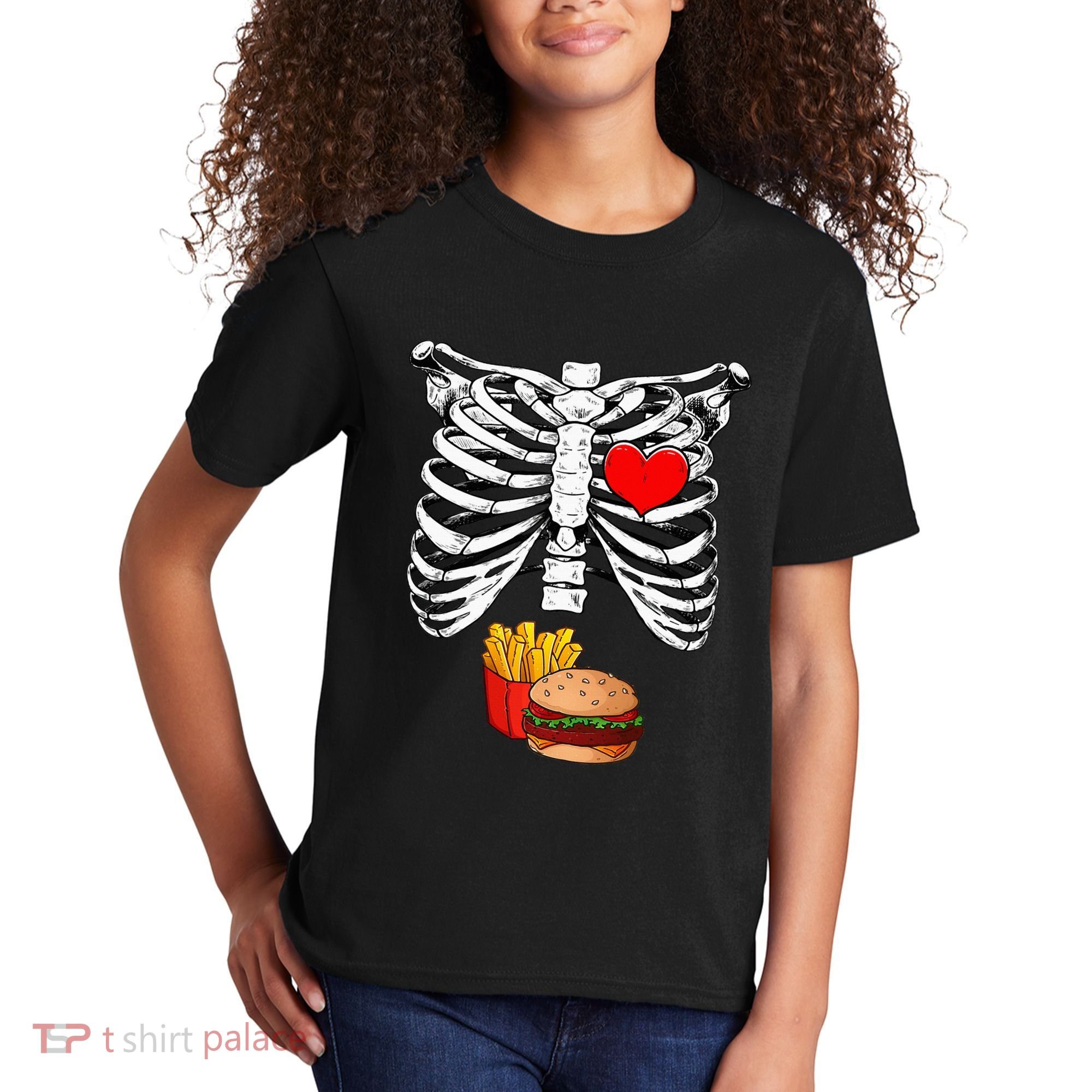 Halloween Dad Skeleton Pregnancy Hamburger Fries Xray Funny Kids T-Shirt