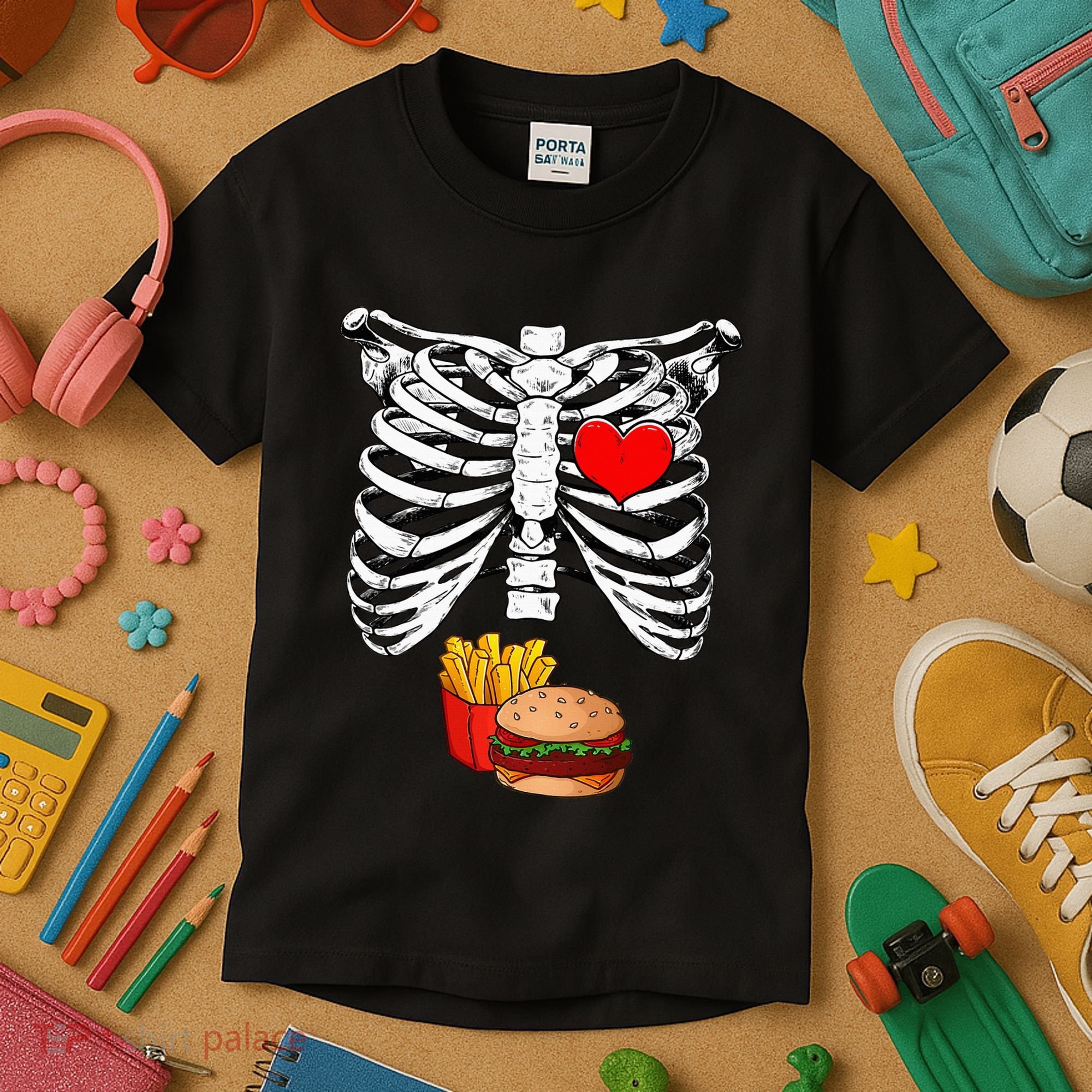 Halloween Dad Skeleton Pregnancy Hamburger Fries Xray Funny Kids T-Shirt