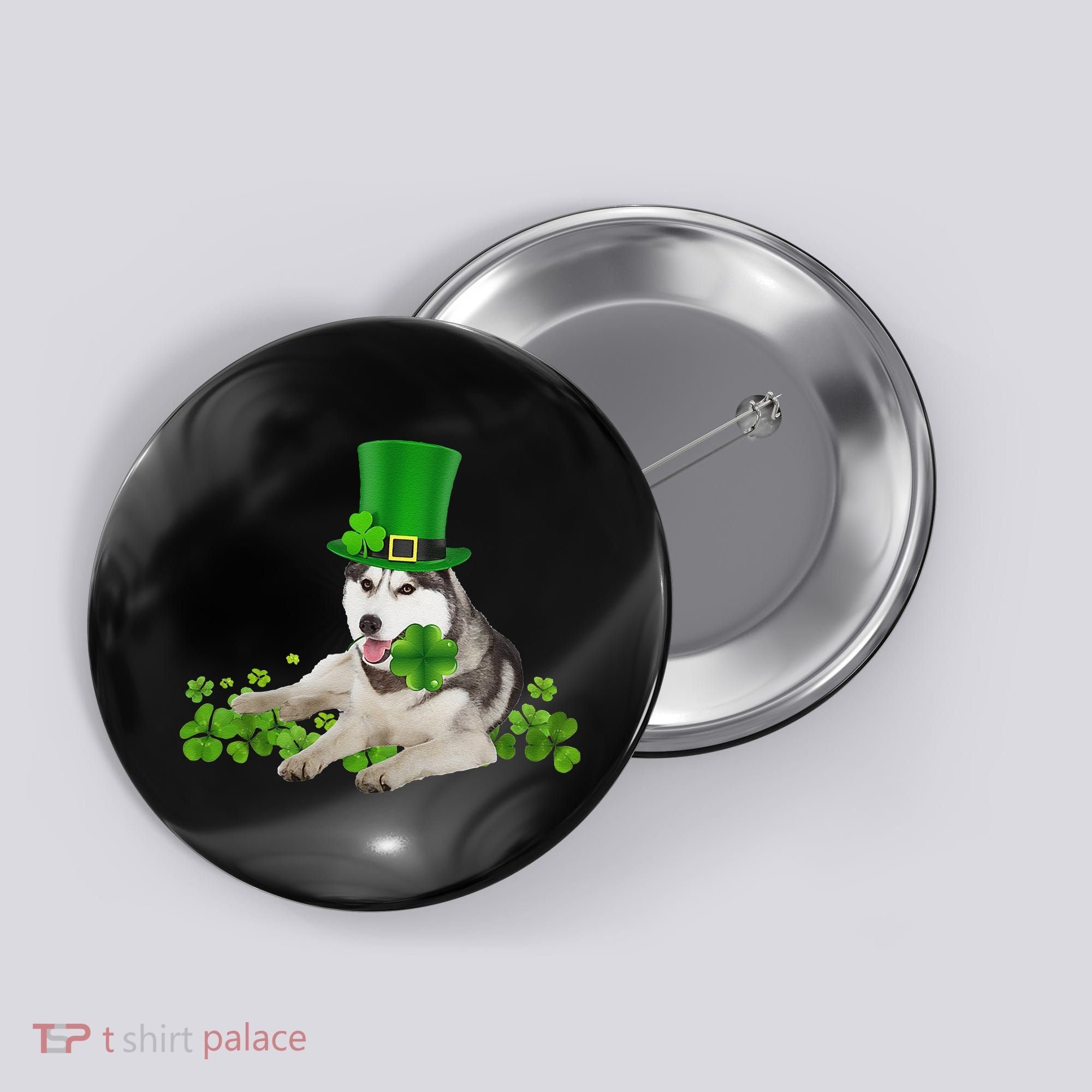 Husky Dog Shamrock St. Patrick's Day Saint Paddy's Irish Button