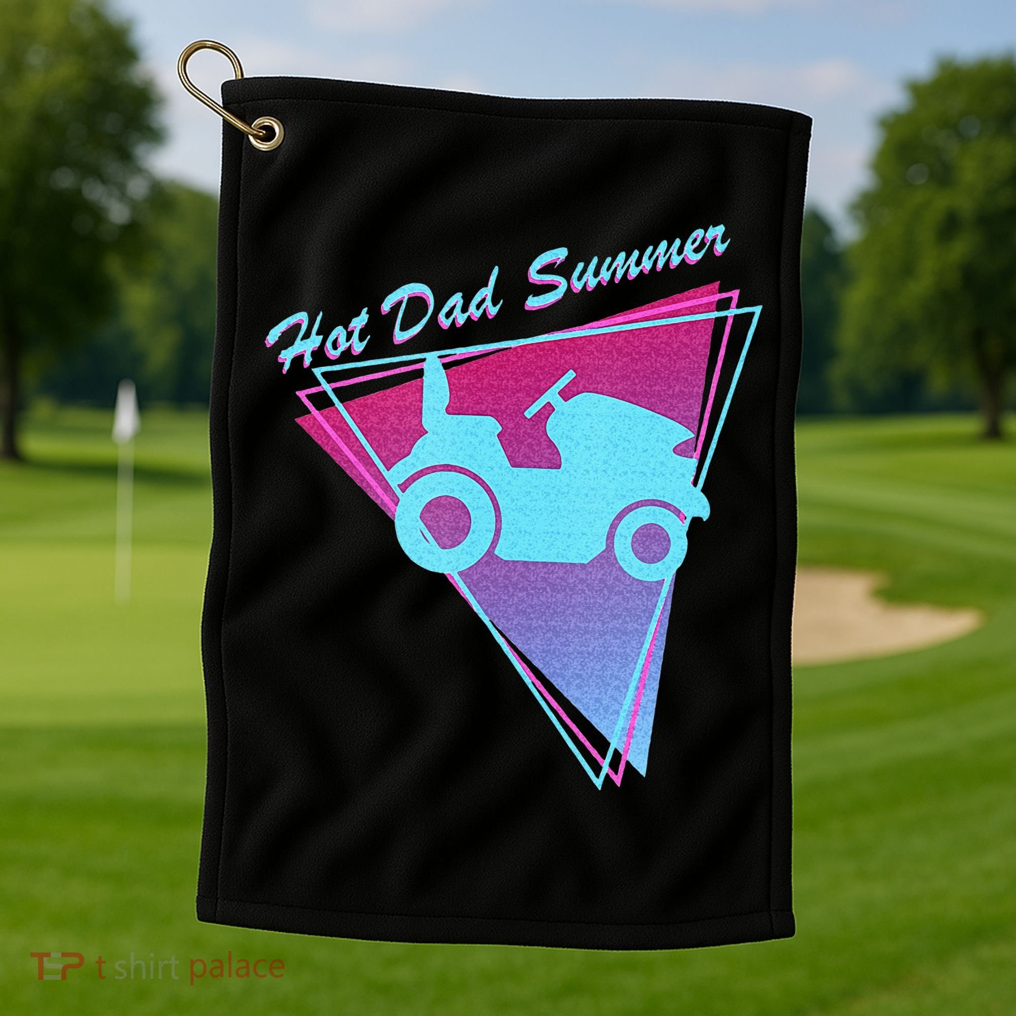 Hot Dad Summer Funny 80s Retro Riding Lawn Mower Golf Towel