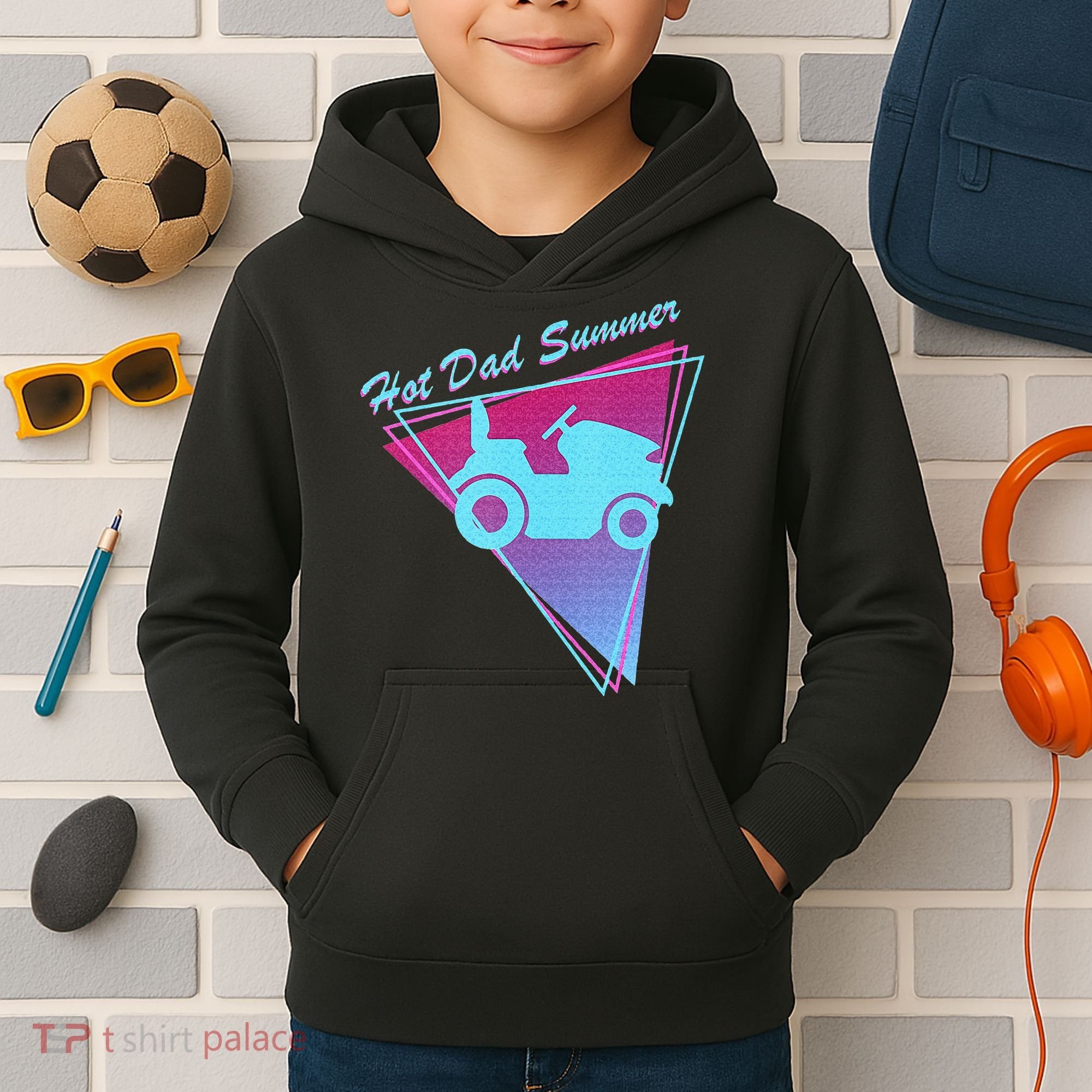 Hot Dad Summer Funny 80s Retro Riding Lawn Mower Kids Hoodie
