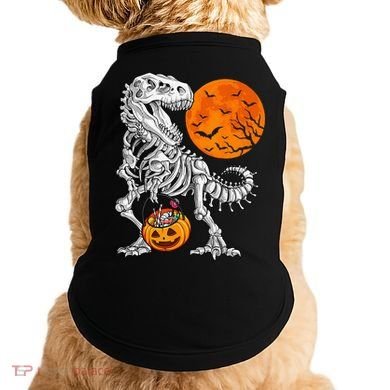 Halloween Dinosaur Skeleton T rex Scary Pumpkin Moon Doggie Tank