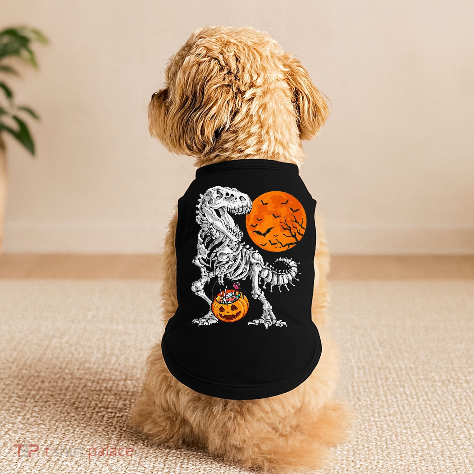 Halloween Dinosaur Skeleton T rex Scary Pumpkin Moon Doggie Tank