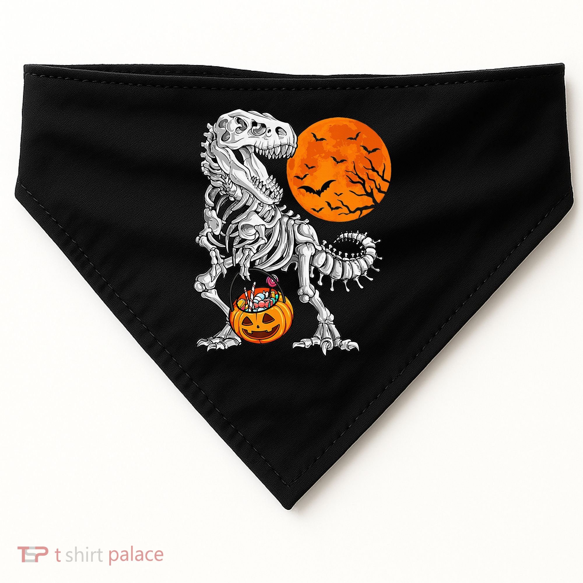 Halloween Dinosaur Skeleton T rex Scary Pumpkin Moon USA-Made Doggie Bandana