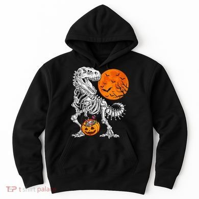 Halloween Dinosaur Skeleton T rex Scary Pumpkin Moon Hoodie