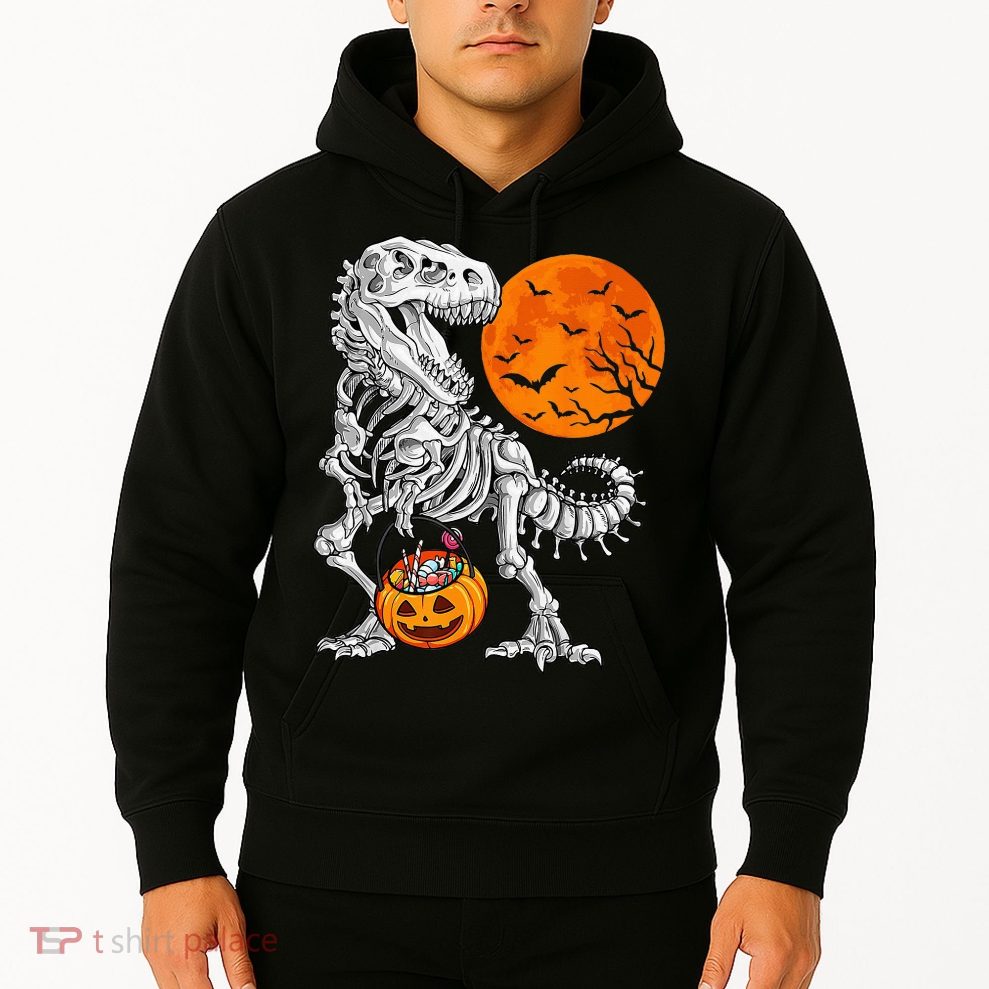 Halloween Dinosaur Skeleton T rex Scary Pumpkin Moon Hoodie